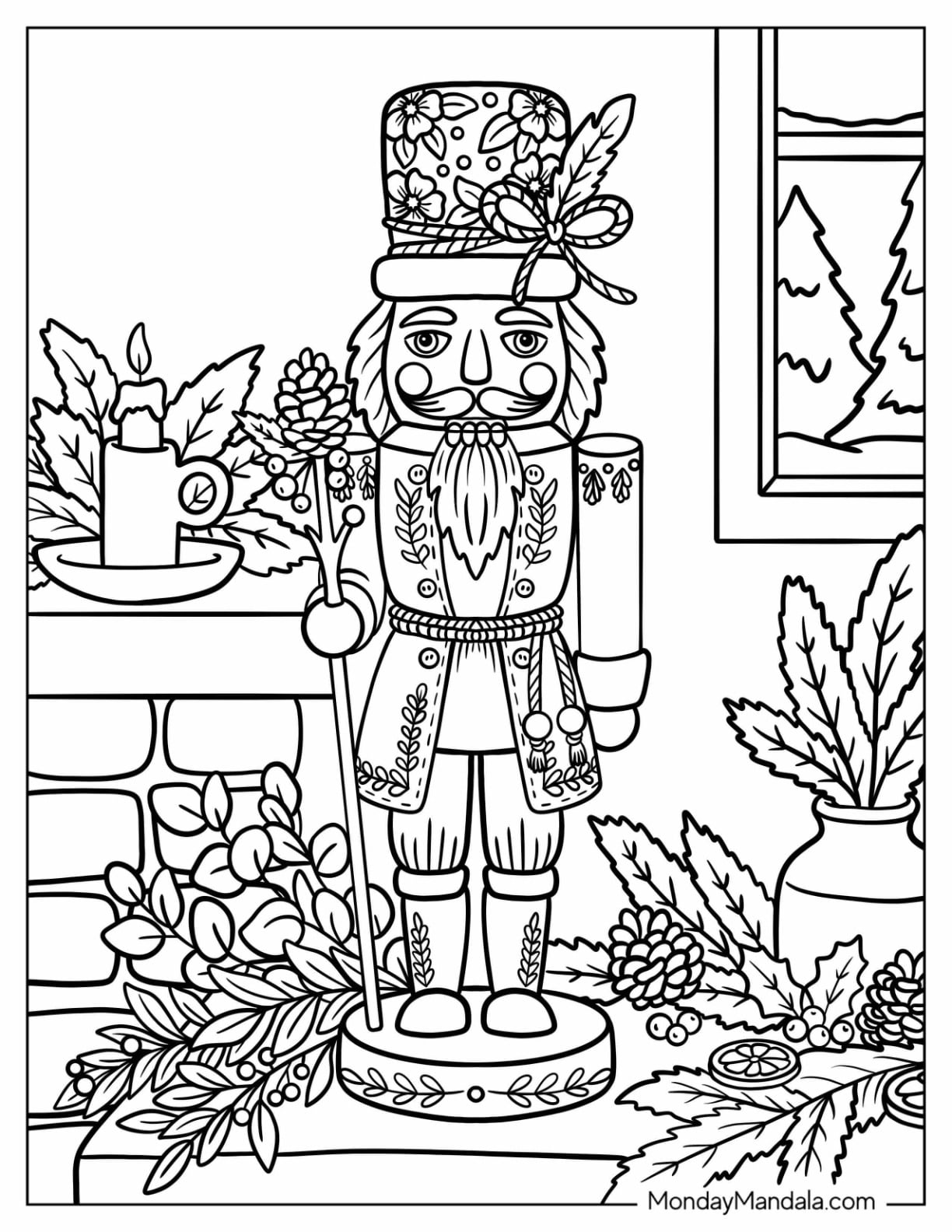 Nutcracker Holding a Staff by a Christmas Fireplace Coloring Page