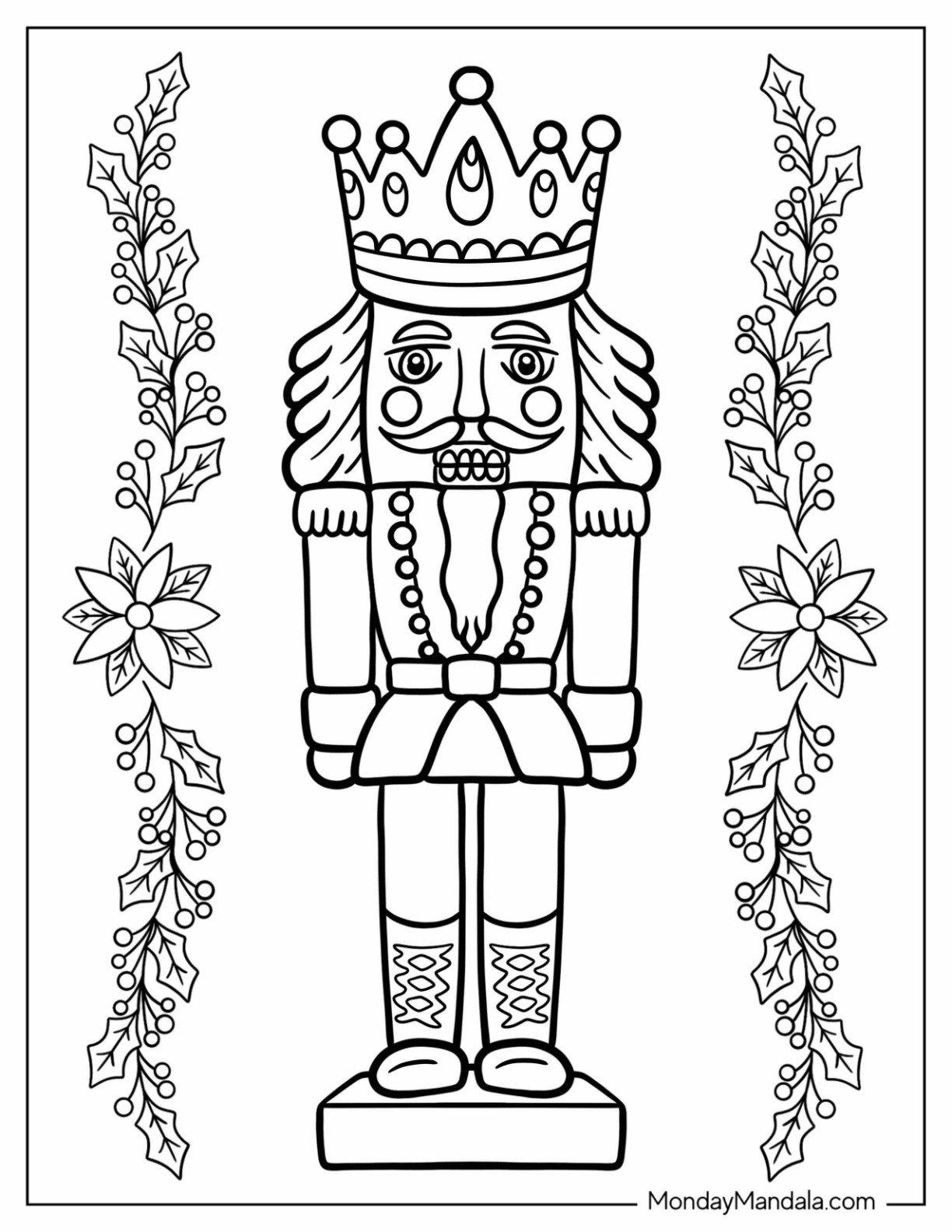 Nutcracker Coloring Page King With Mistletoes And Poinsettia