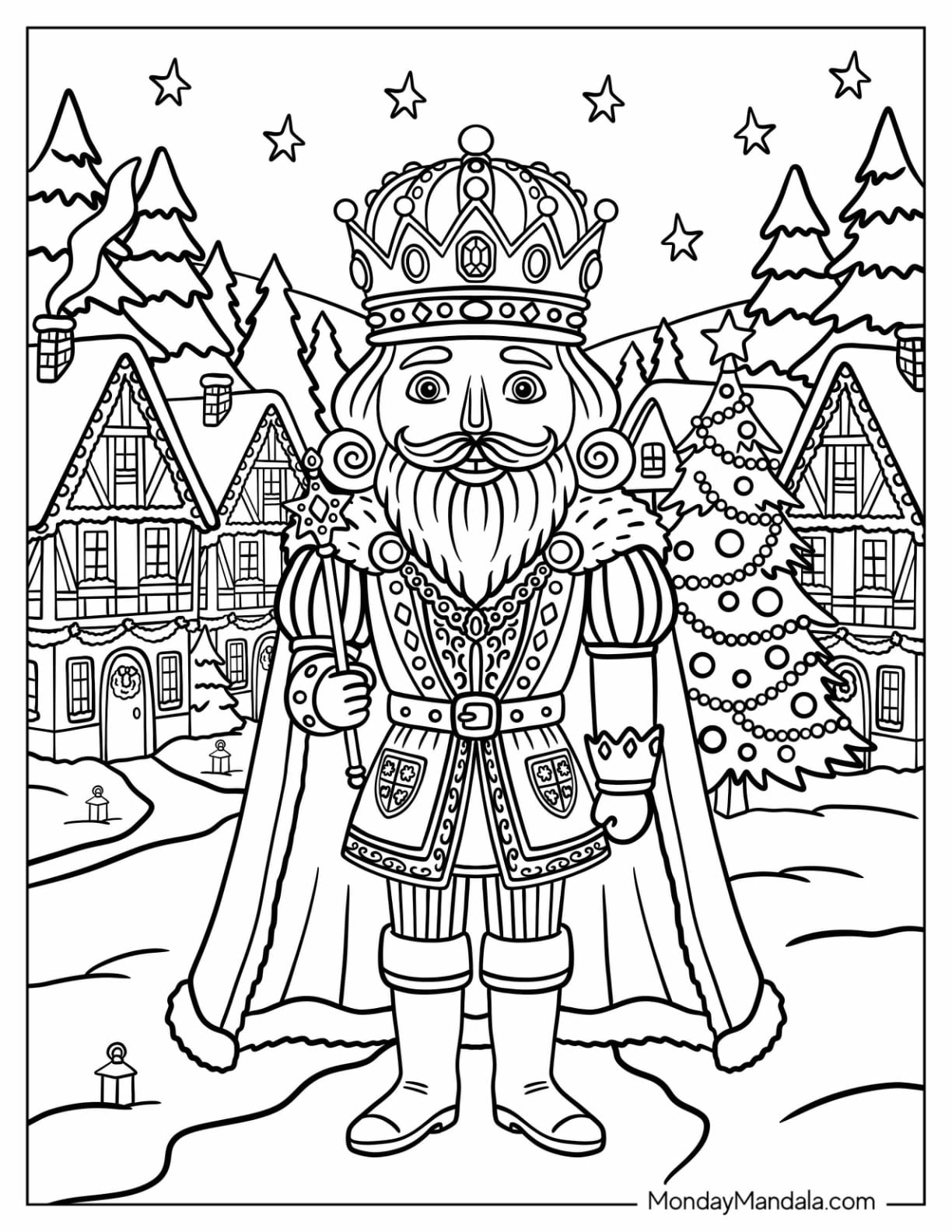 Nutcracker King in a Snowy Christmas Village Coloring Page