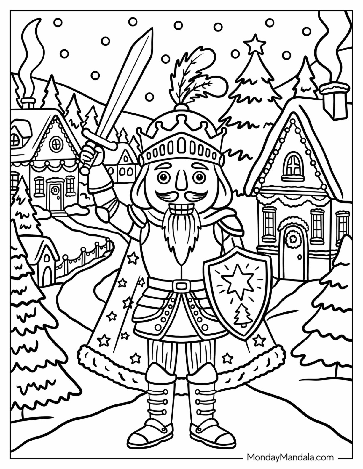 Nutcracker Knight Holding a Sword and Shield in a Snowy Village