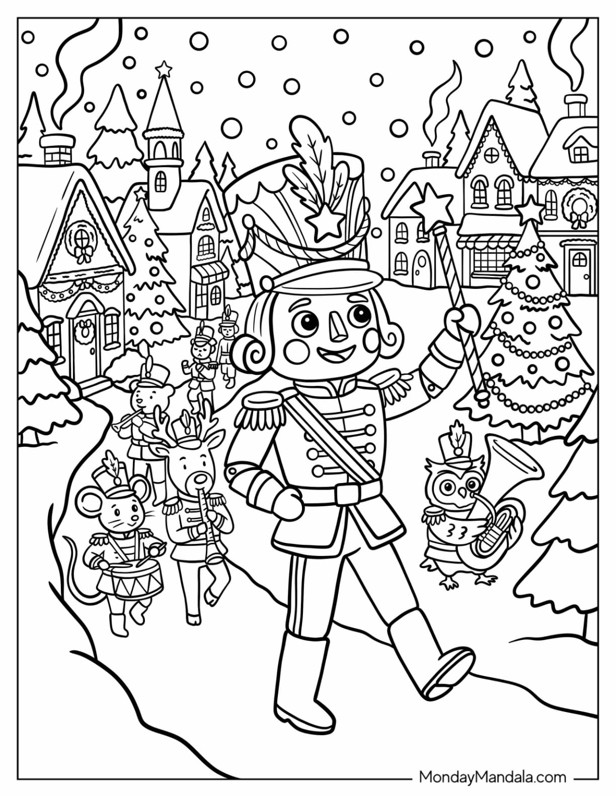 Nutcracker Leading a Christmas Parade Through a Snowy Village Coloring Page
