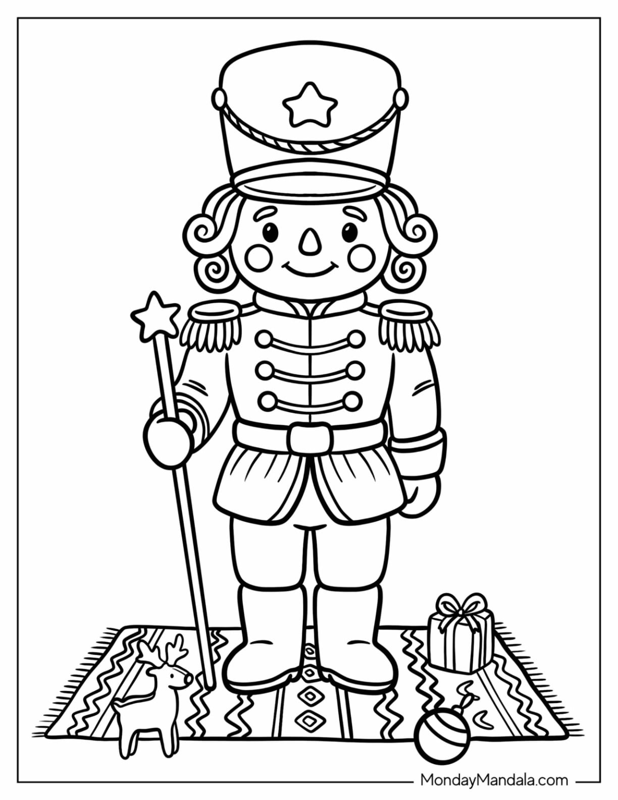 Nutcracker Soldier Holding a Star Wand with Christmas Gifts Coloring Sheet