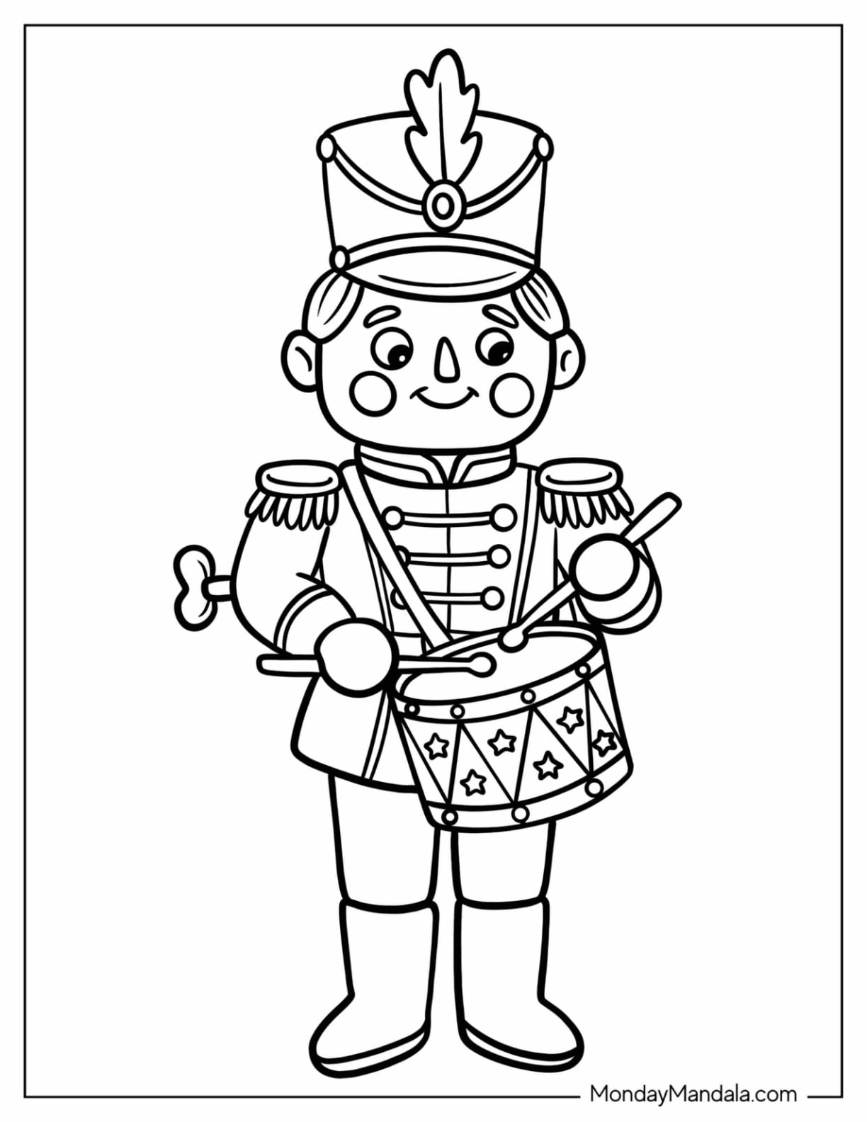 Nutcracker Soldier Playing a Star Decorated Drum Coloring Page for Kids