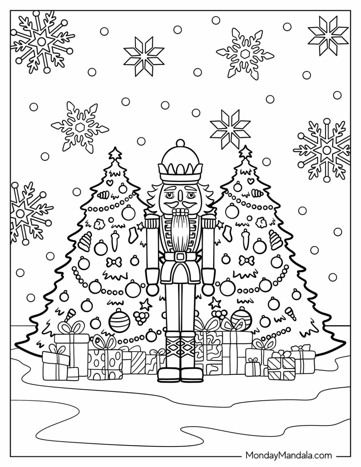 Nutcracker Coloring Page Standing In Front of Two Christmas Trees