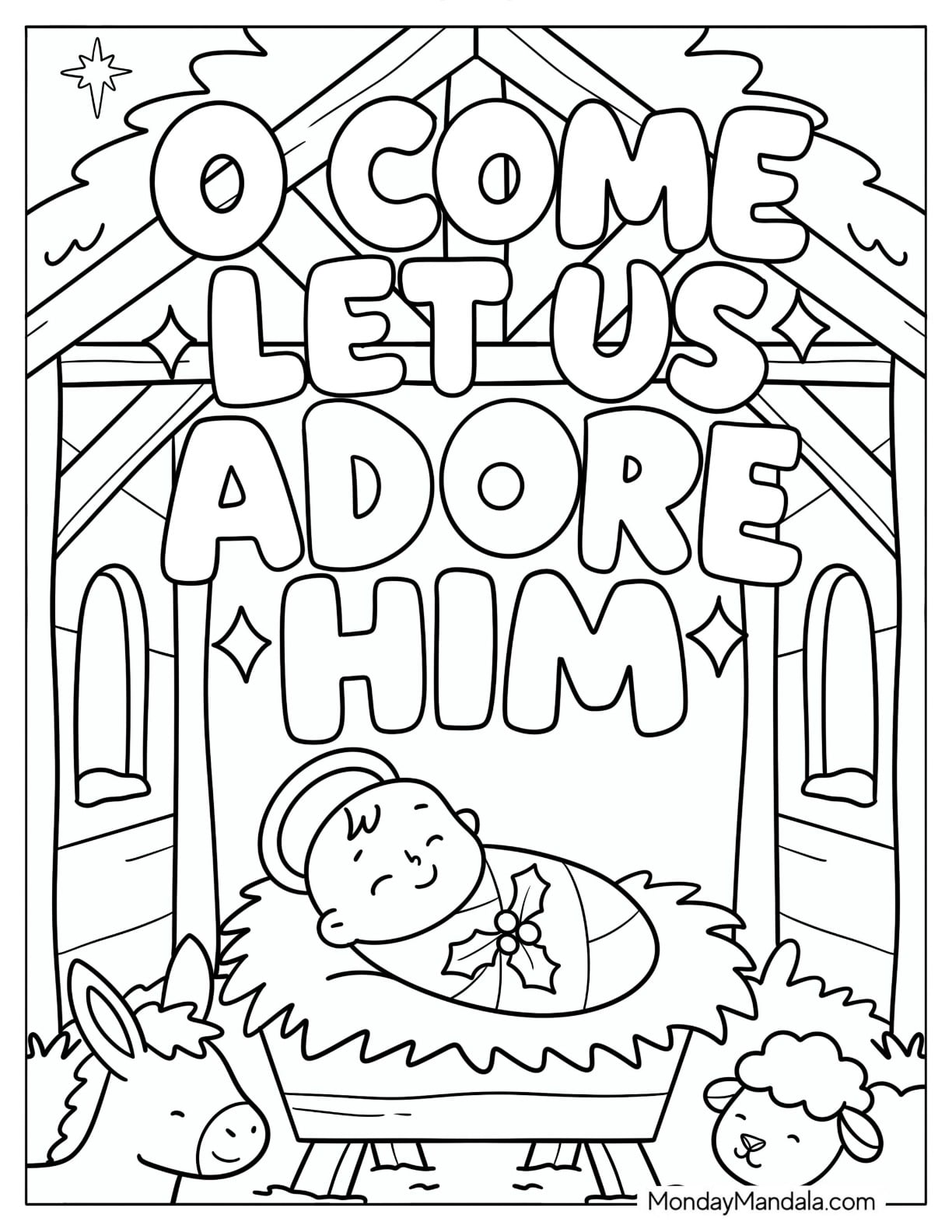 Christian Christmas Coloring Page of O Come Let Us Adore Him Words Above Baby Jesus