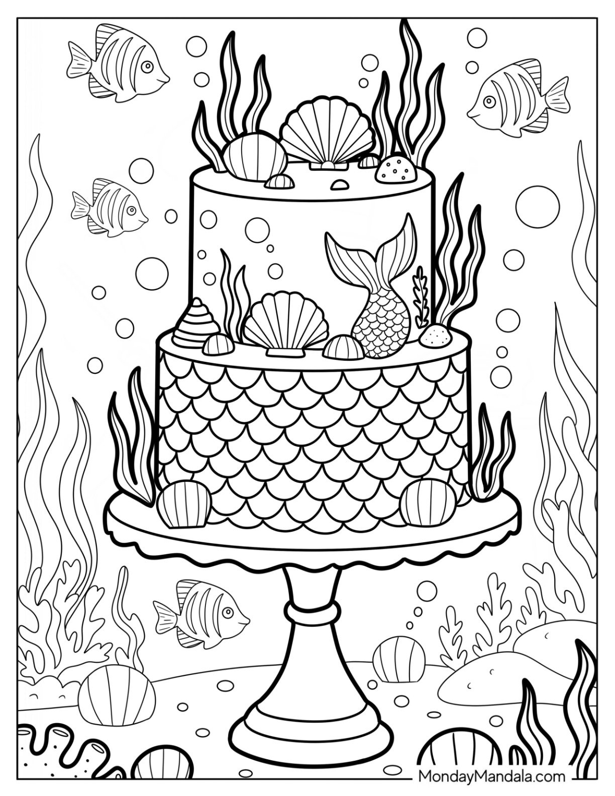 Ocean Themed Cake Coloring Page with Seashells and Seaweed Decor