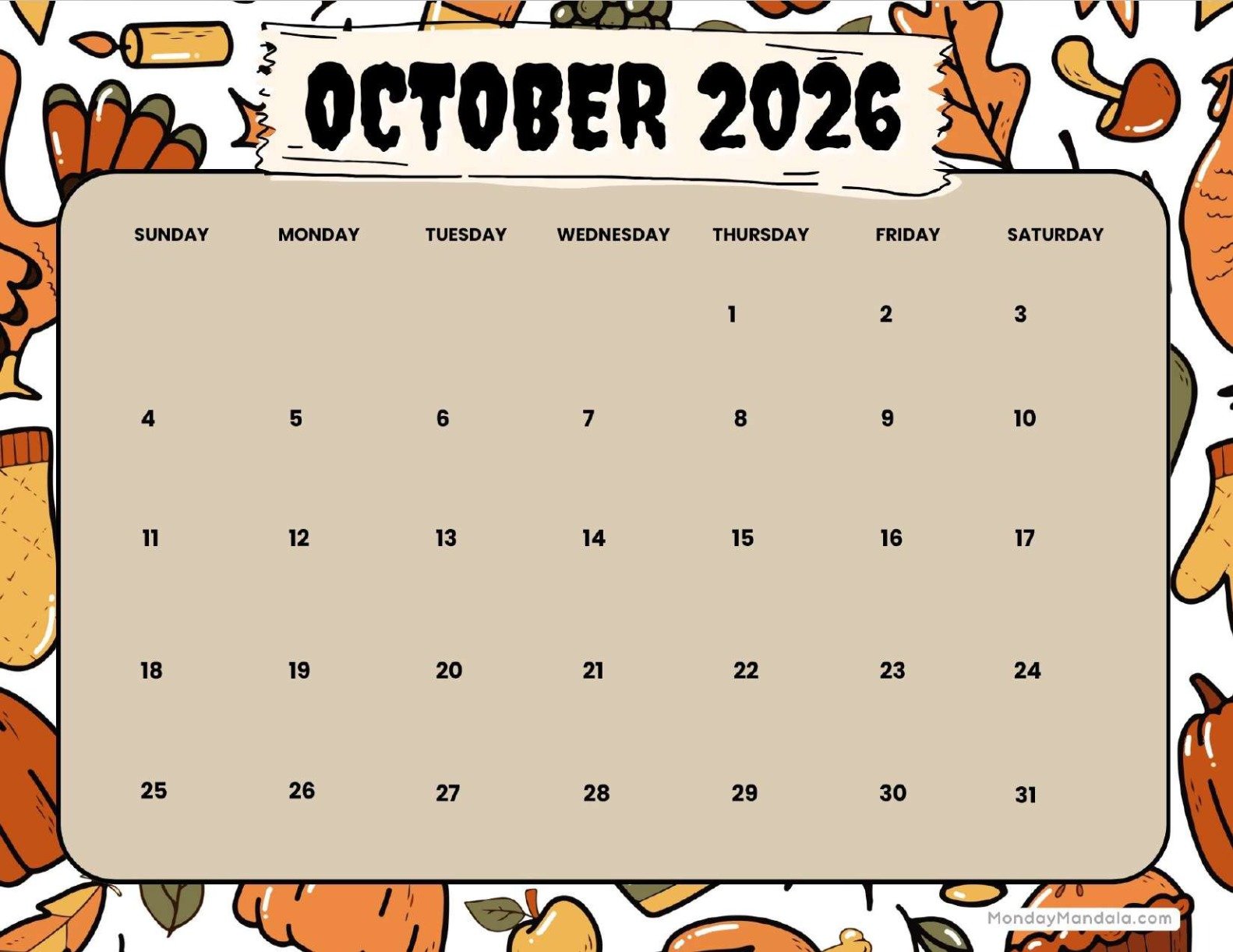October 2026 Calendar Printable Autumn Landscape v3