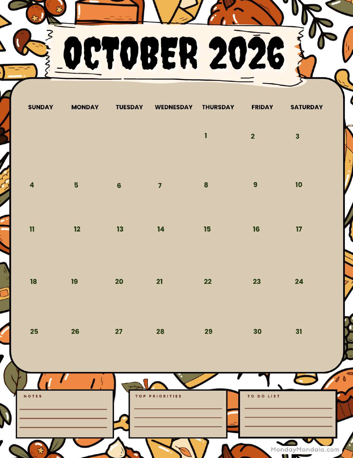 October 2026 Calendar Printable Autumn Portrait v2