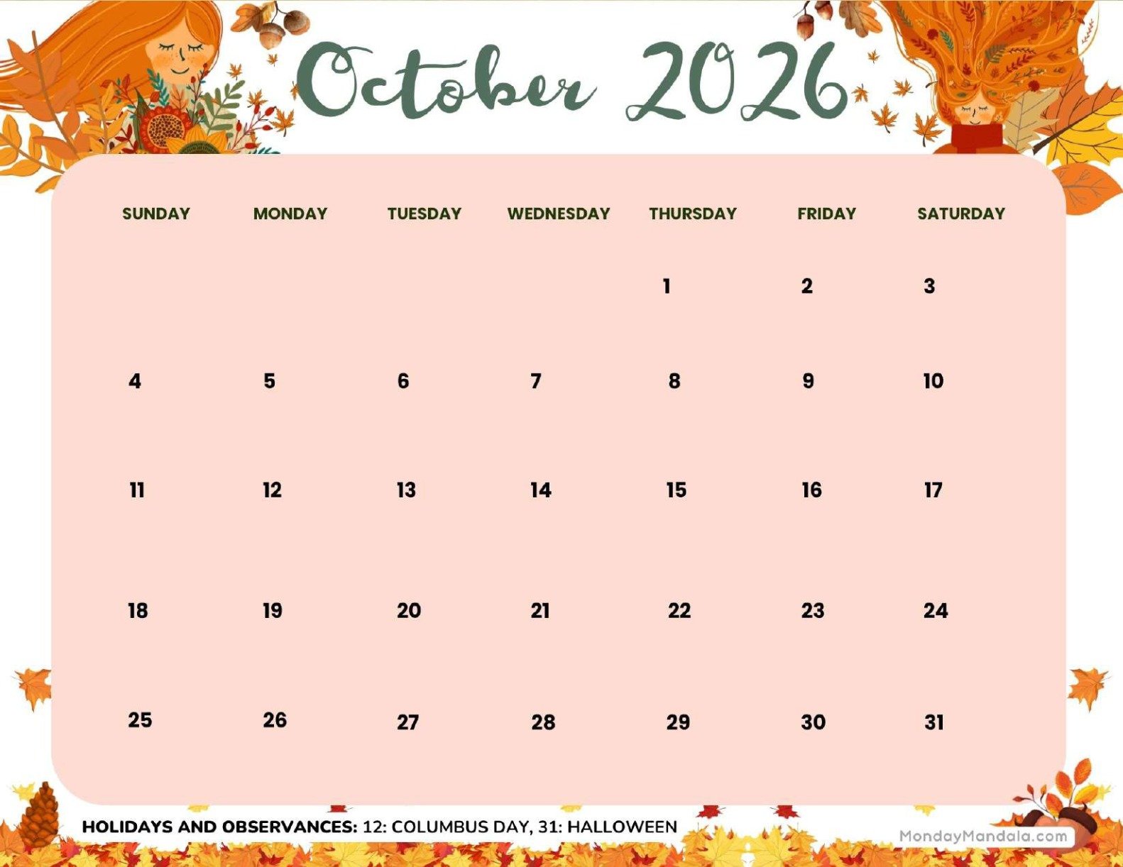 October 2026 Calendar Printable Breezy Landscape v3