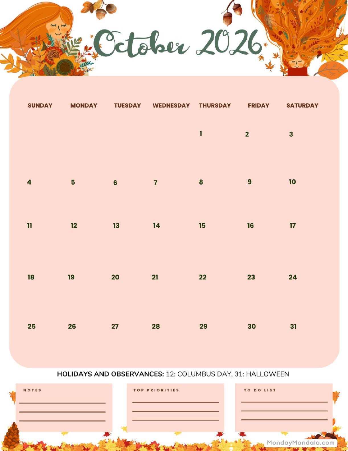 October 2026 Calendar Printable Breezy Portrait v2
