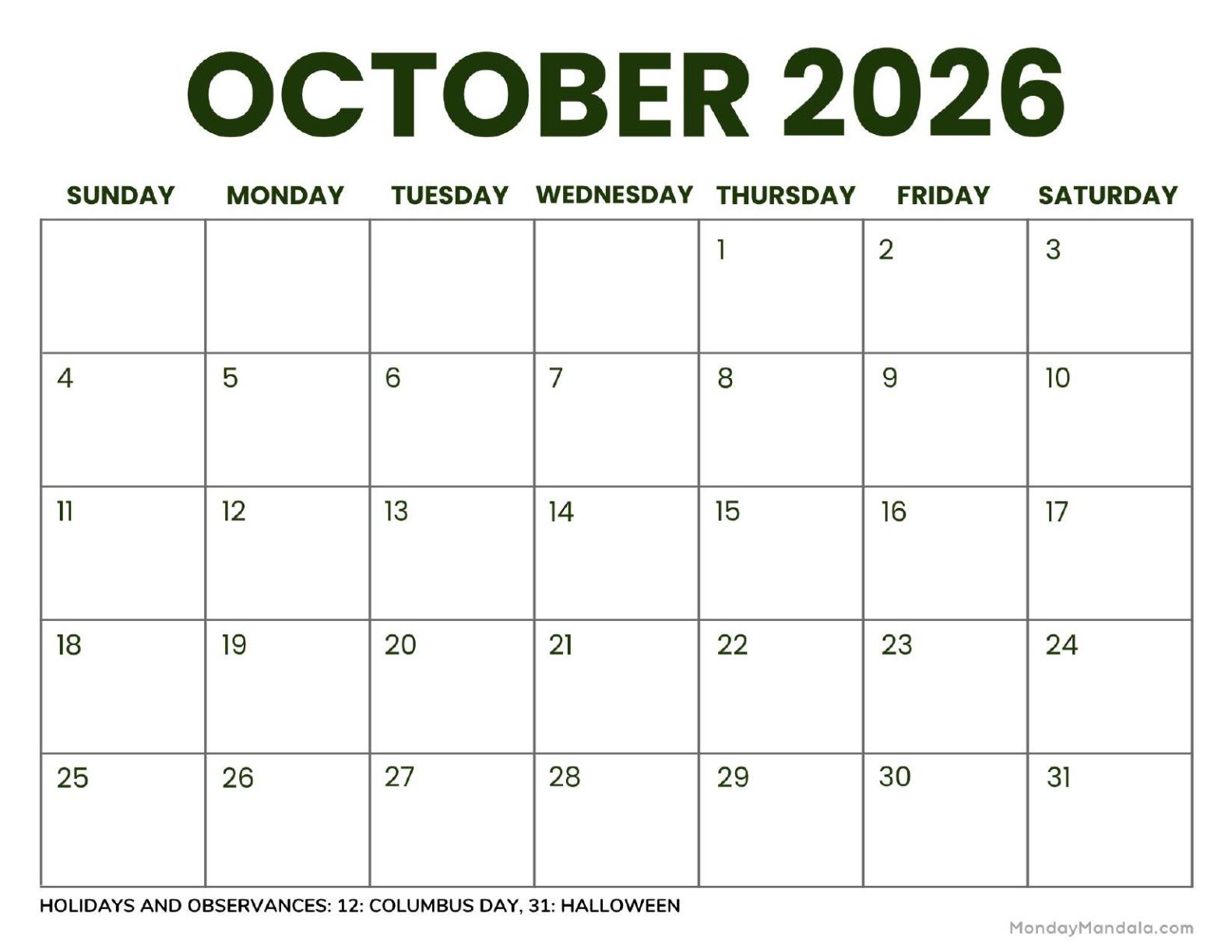 October 2026 Calendar Printable Business 2 Landscape v2