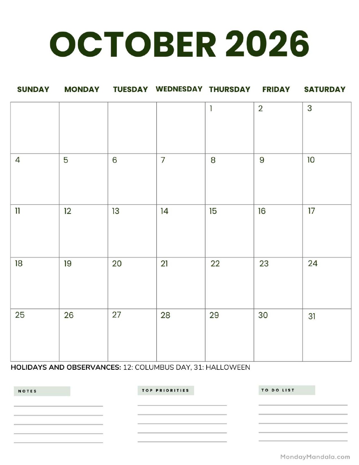 October 2026 Calendar Printable Business 2 Portrait v2