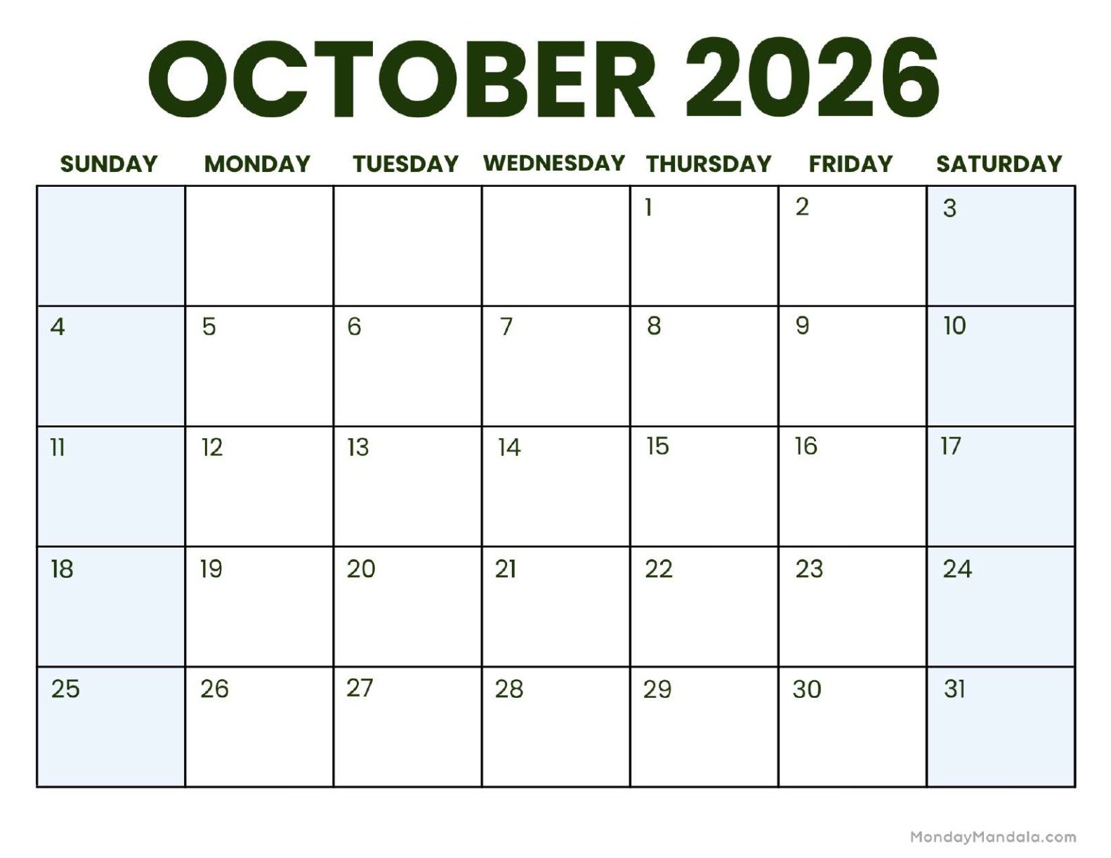 October 2026 Calendar Printable Business 3 Landscape v2