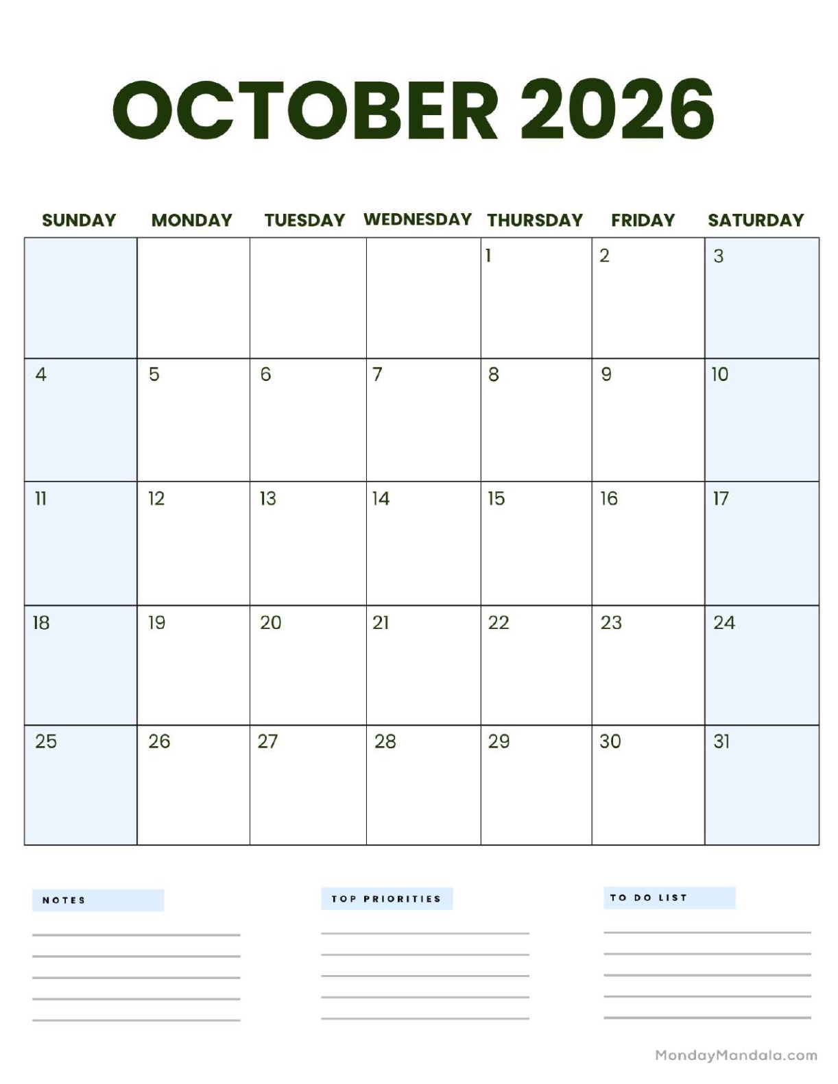 October 2026 Calendar Printable Business 3 Portrait v2