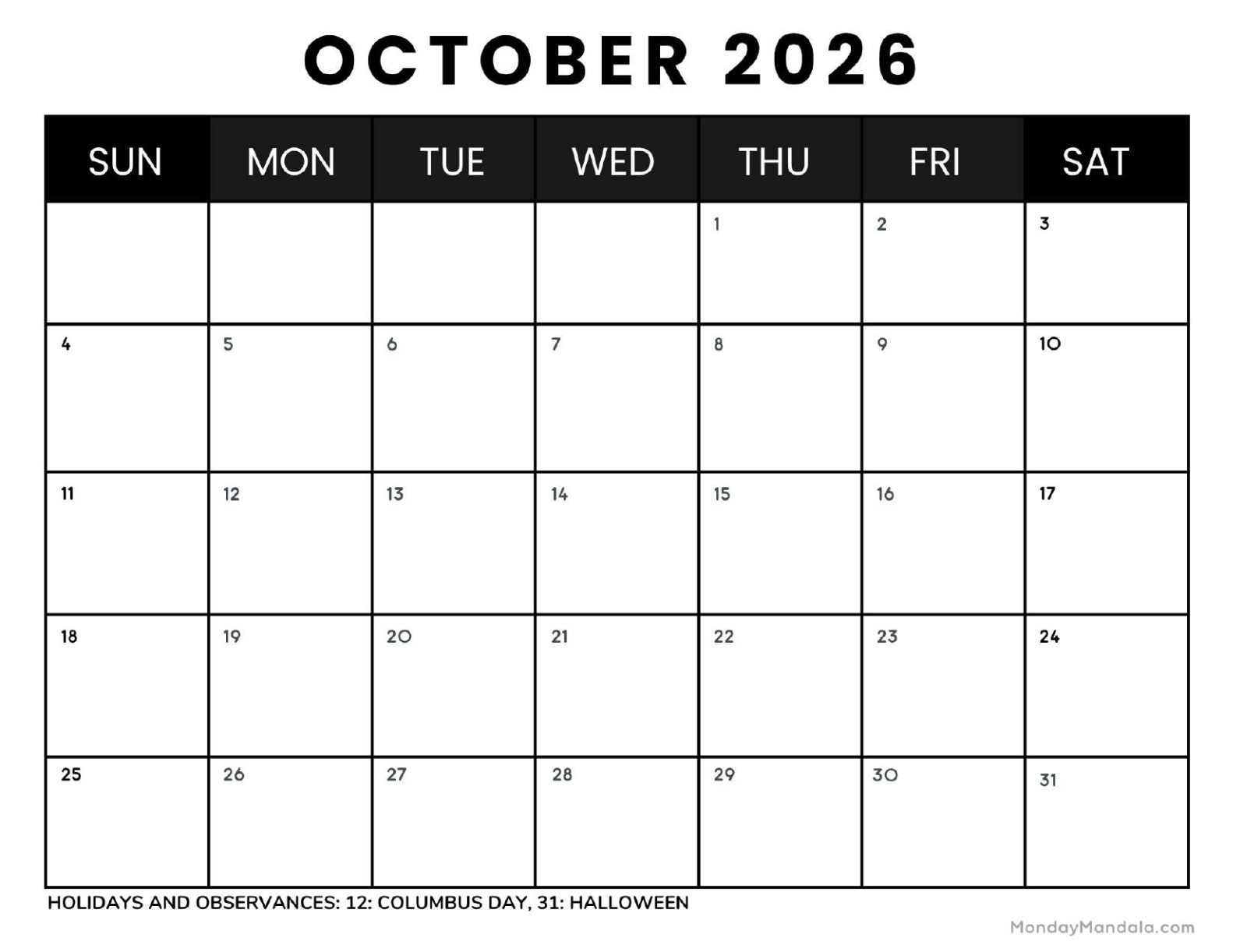 October 2026 Calendar Printable Business 4 Landscape v2