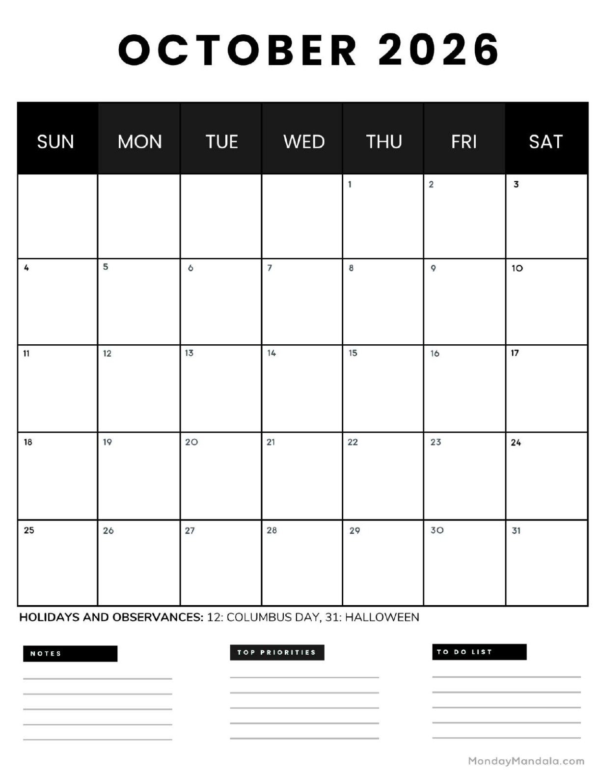 October 2026 Calendar Printable Business 4 Portrait v2