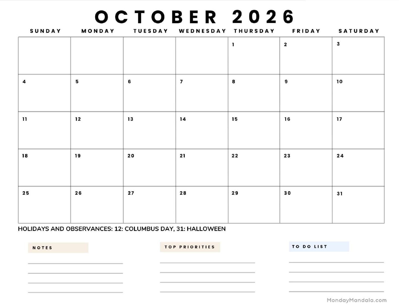October 2026 Calendar Printable Business 5 Landscape v2