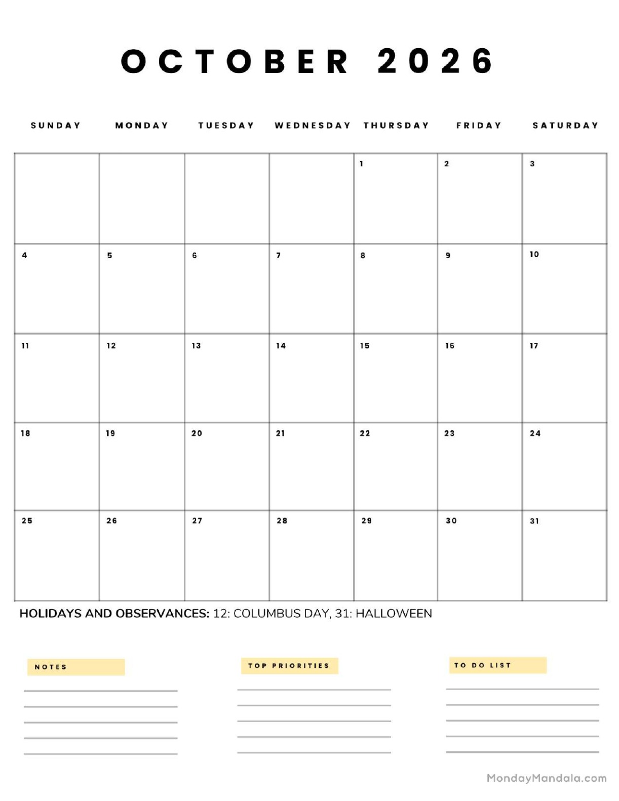 October 2026 Calendar Printable Business 5 Portrait v2