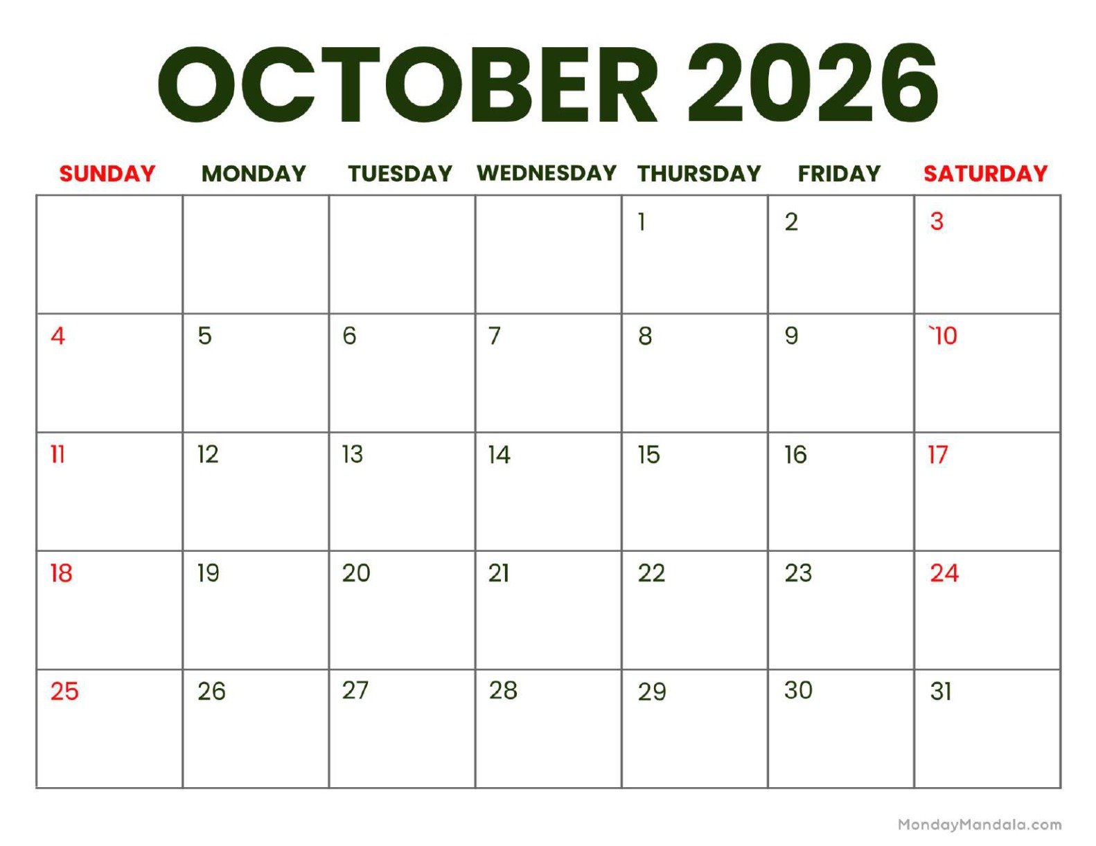 October 2026 Calendar Printable Business Landscape v2