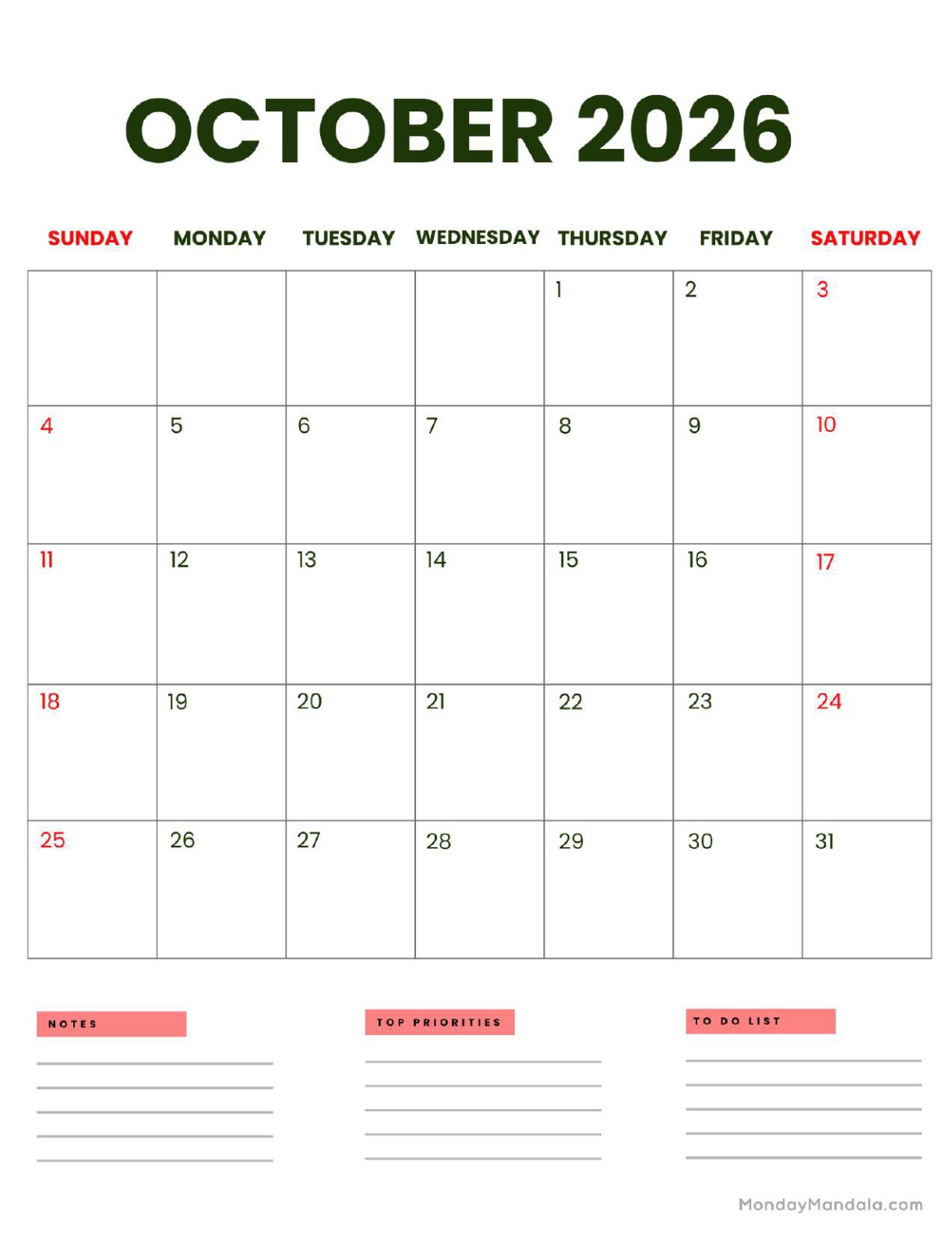 October 2026 Calendar Printable Business Portrait v2