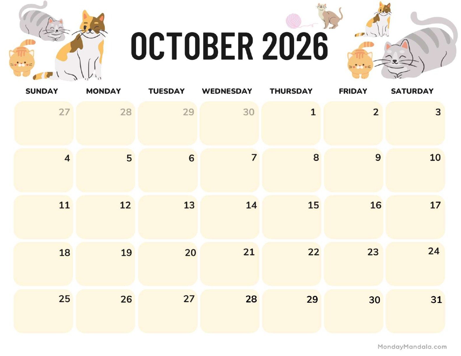 October 2026 Calendar Printable Cats Landscape v2