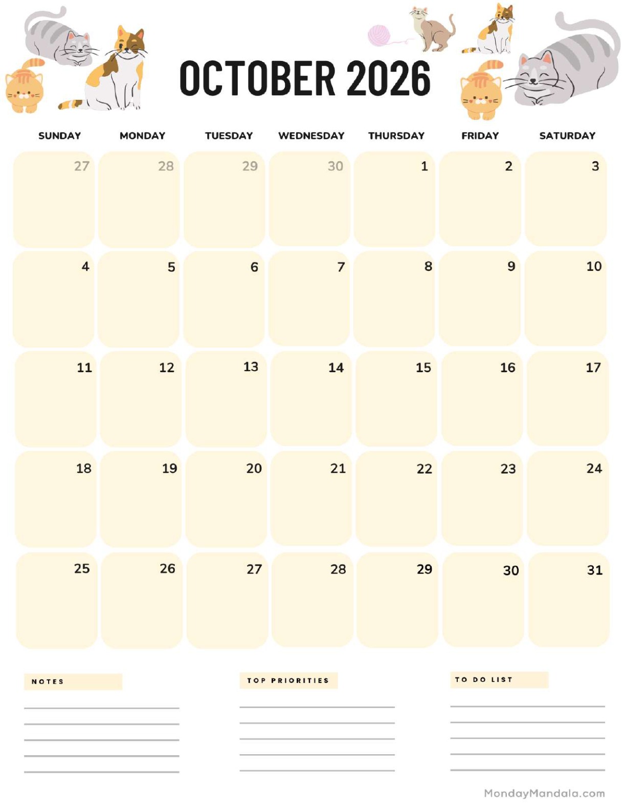 October 2026 Calendar Printable Cats Portrait v2