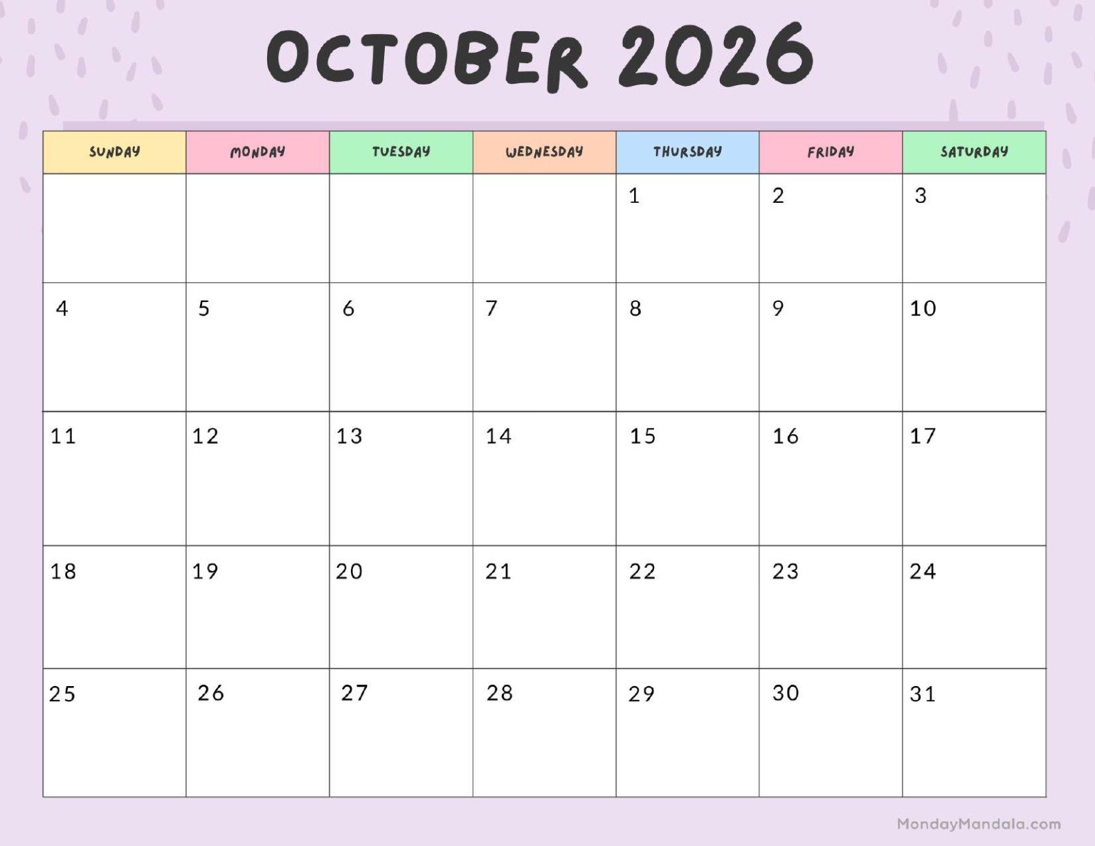 October 2026 Calendar Printable Colorful Landscape v2
