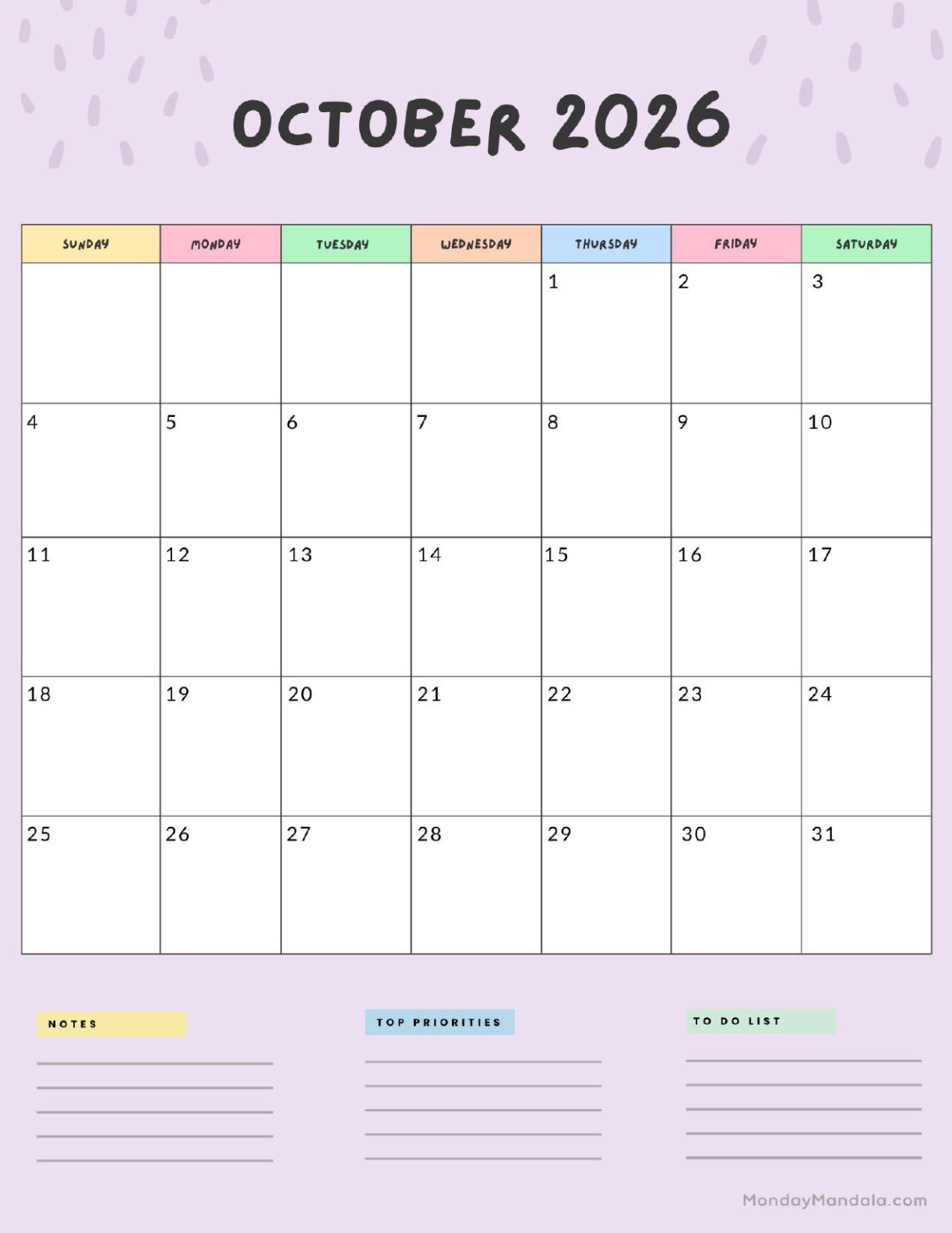 October 2026 Calendar Printable Colorful Portrait v2