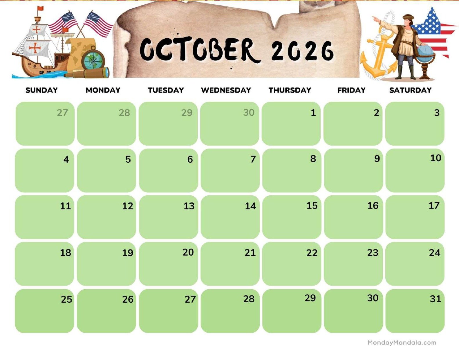 October 2026 Calendar Printable Columbus Day 2 Landscape v3