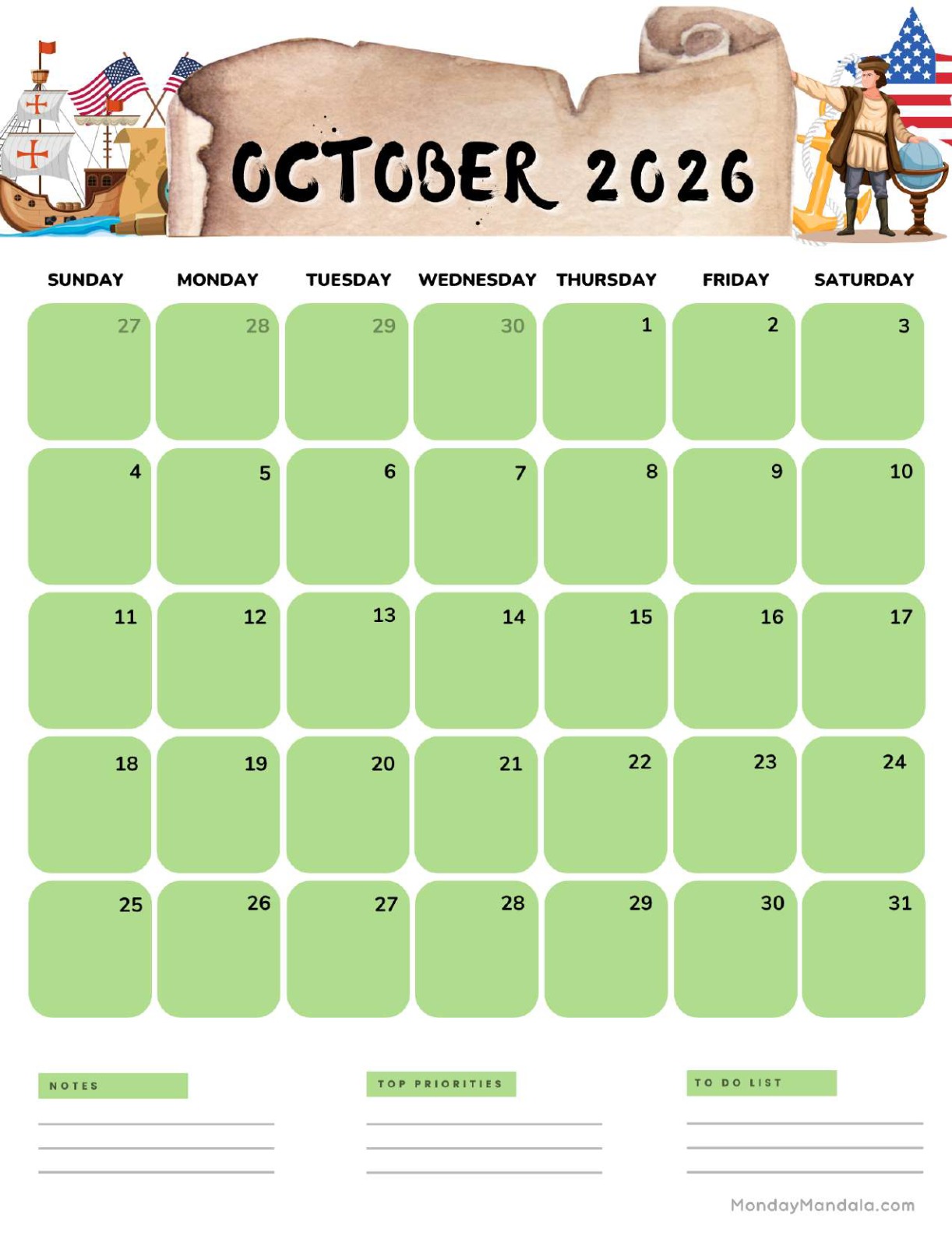 October 2026 Calendar Printable Columbus Day 2 Portrait v2