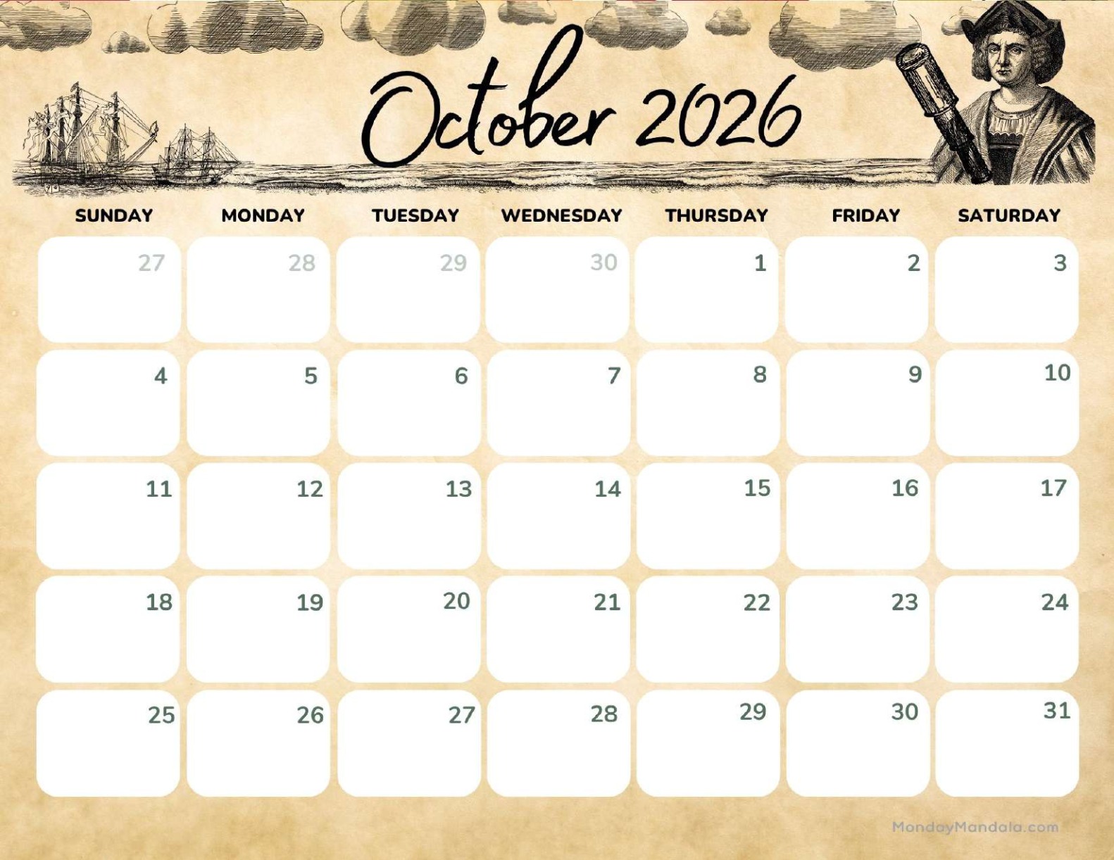 October 2026 Calendar Printable Columbus Day Landscape v3