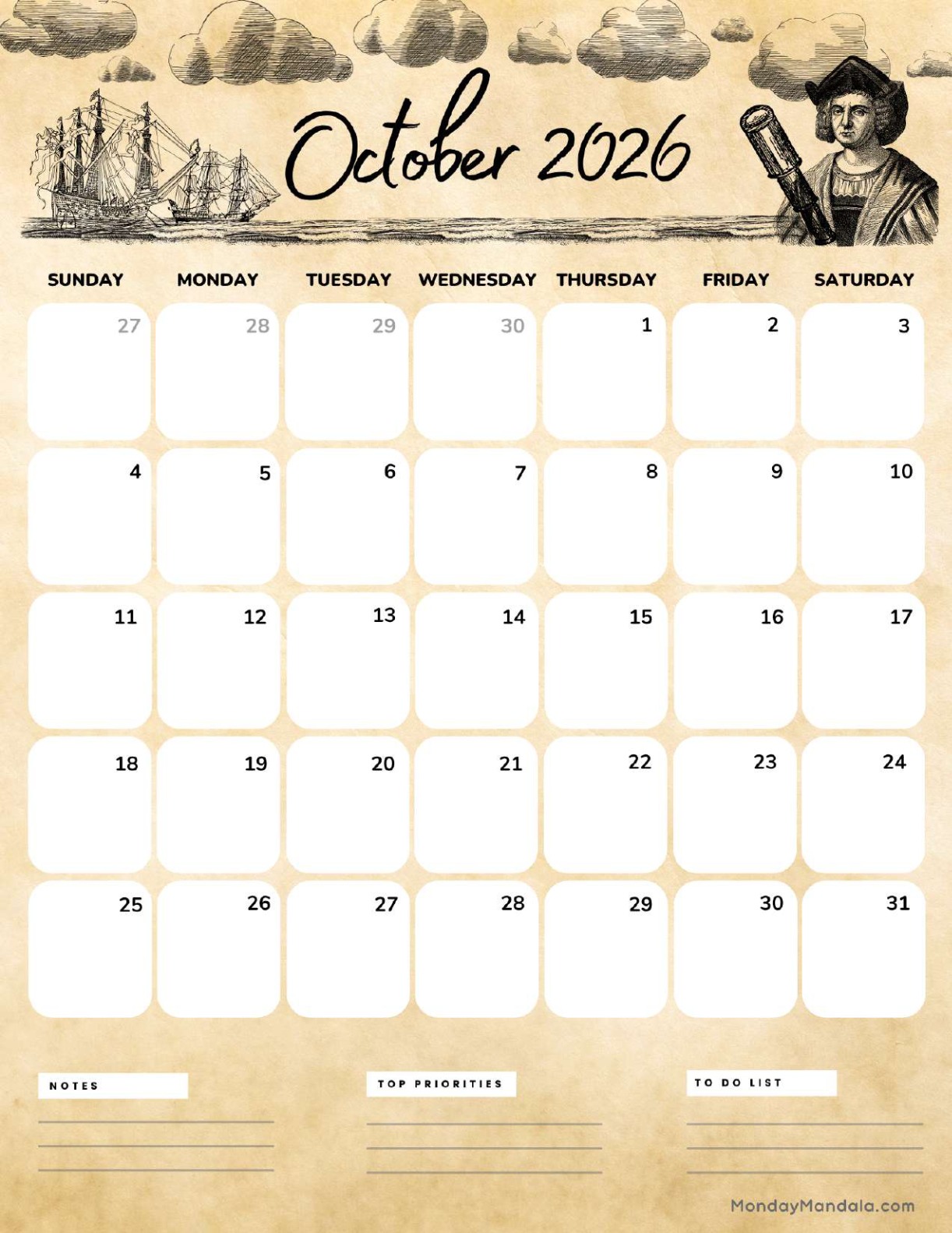 October 2026 Calendar Printable Columbus Day Portrait v2