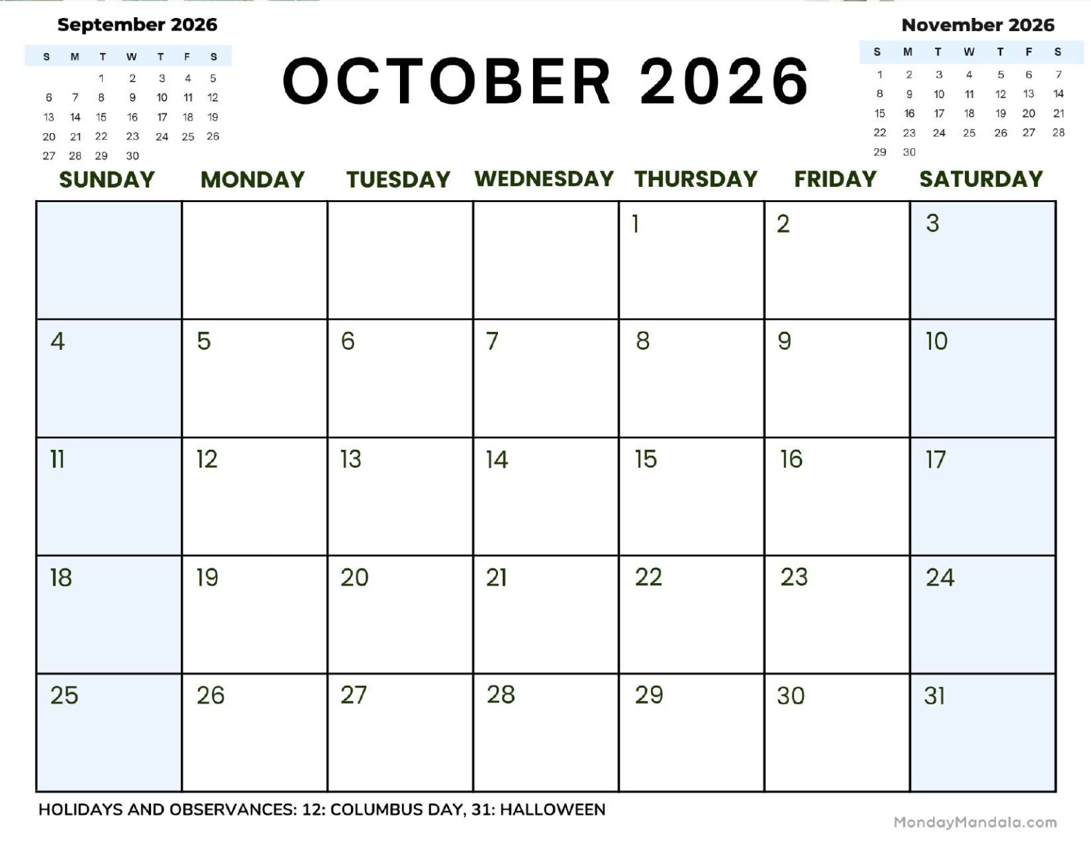 October 2026 Calendar Printable Corporate 2 Landscape v2