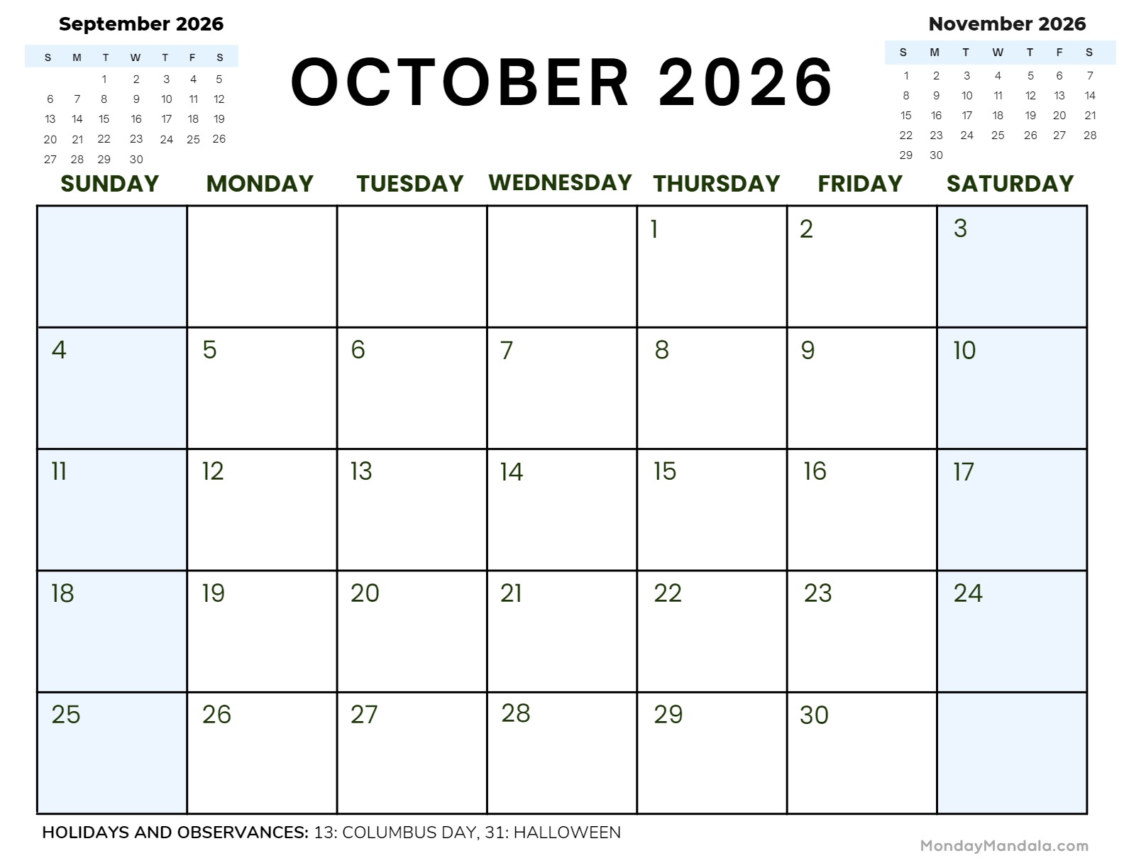 Free October 2026 Printable Calendar Free October 2026 Printable Calendar