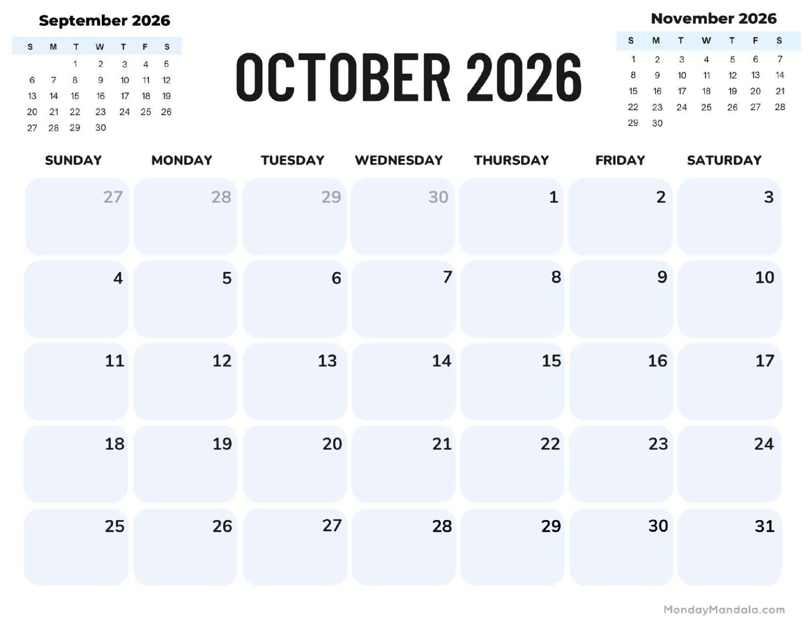 October 2026 Calendar Printable Corporate Landscape v2