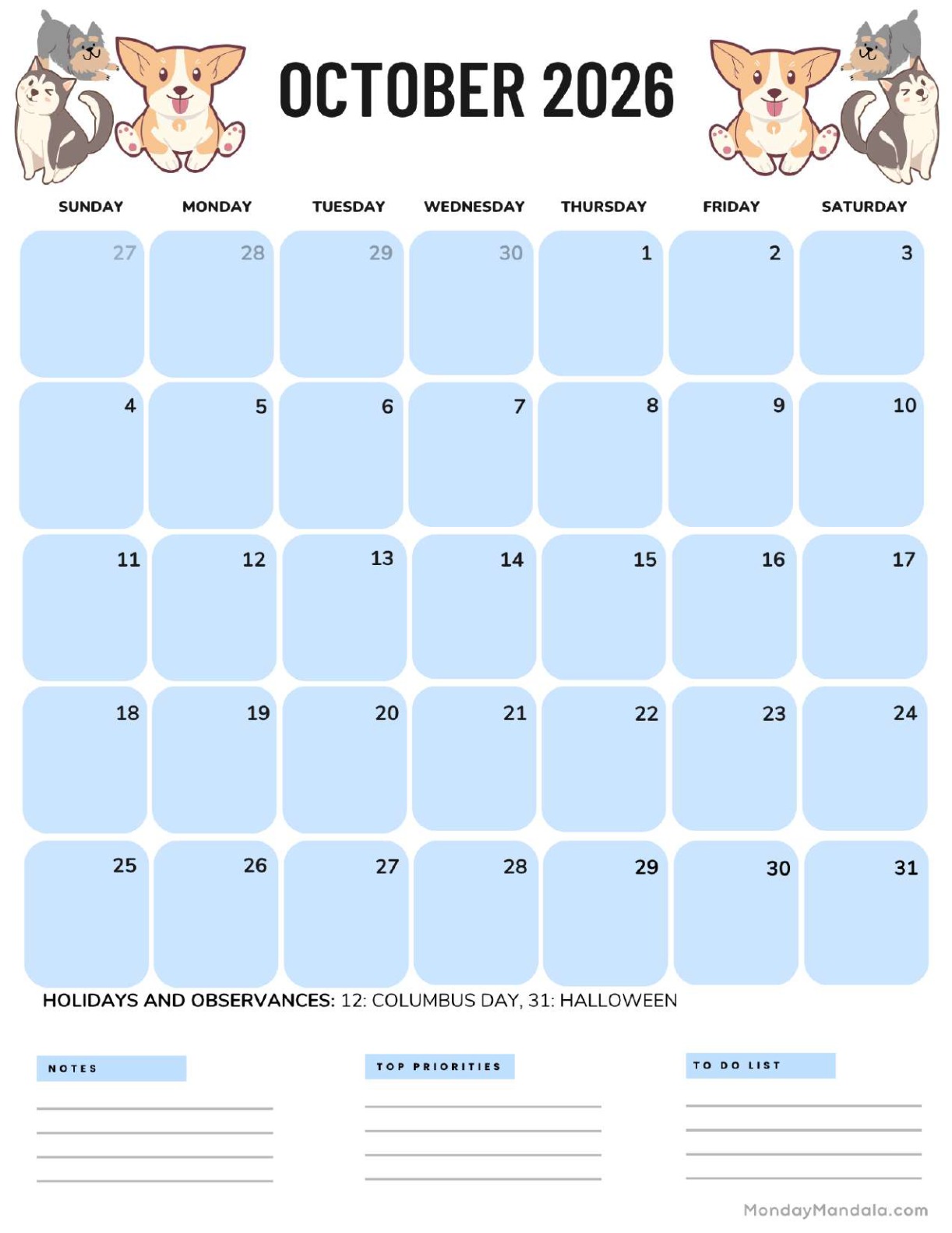 October 2026 Calendar Printable Dogs Portrait v2