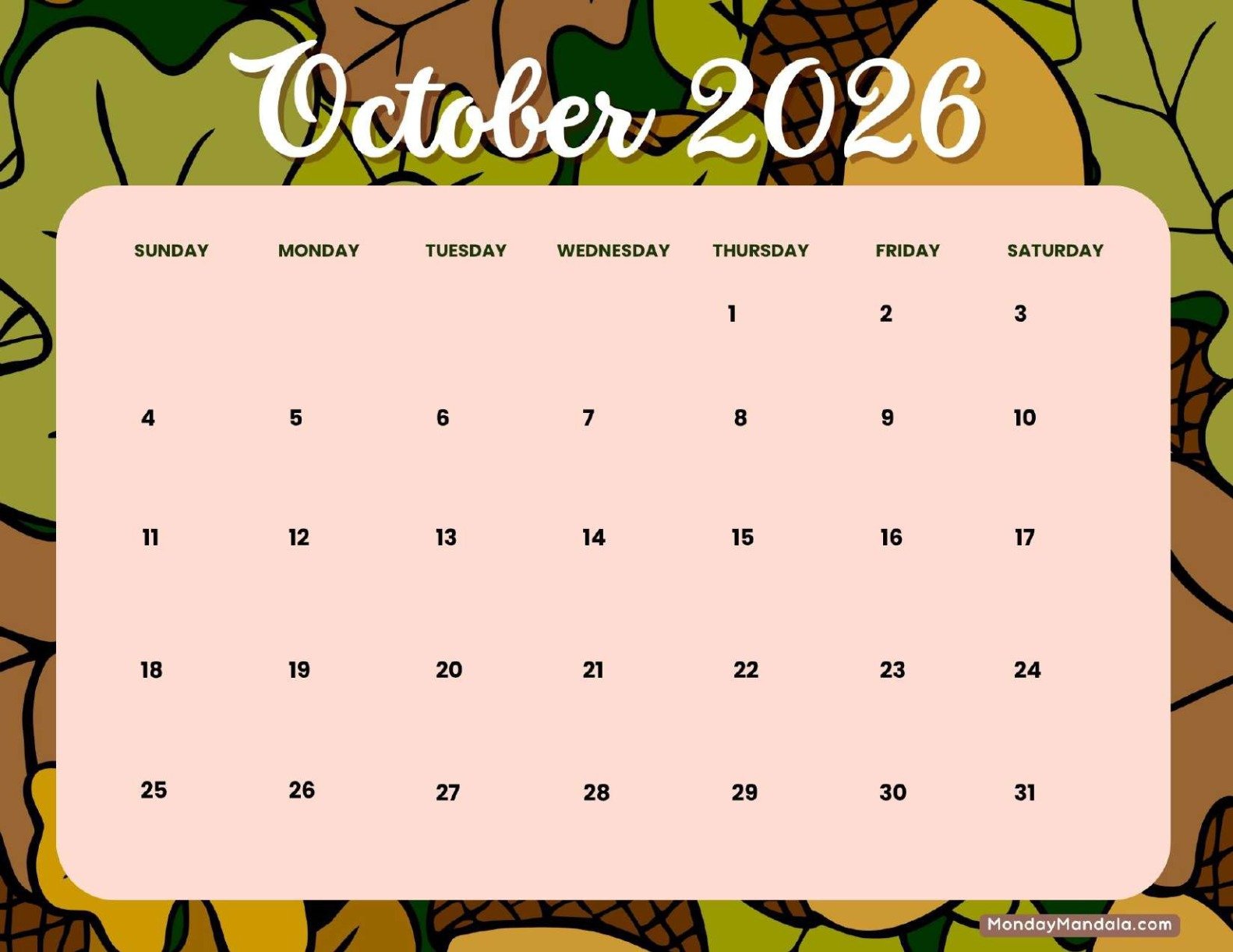 October 2026 Calendar Printable Earthy Landscape v3