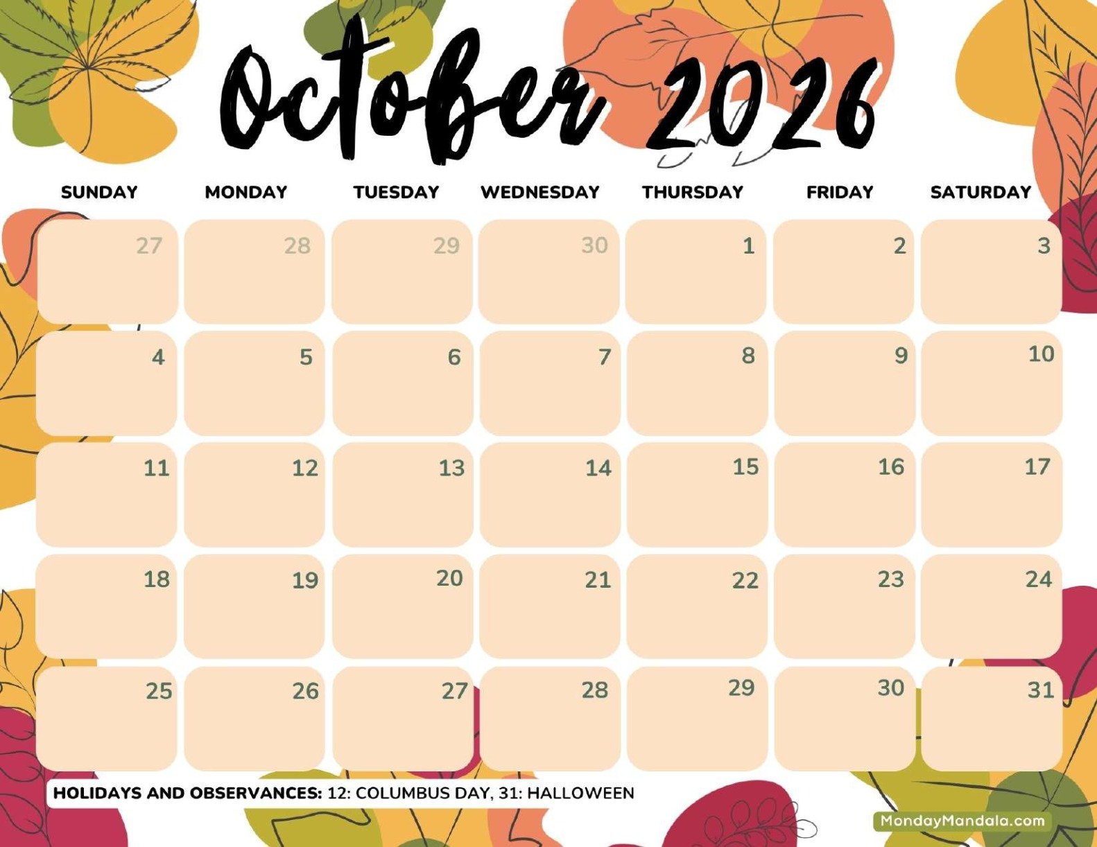October 2026 Calendar Printable Fall Landscape v3