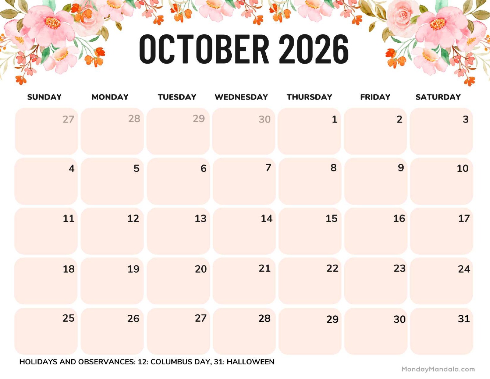 October 2026 Calendar Printable Flowers Landscape v2