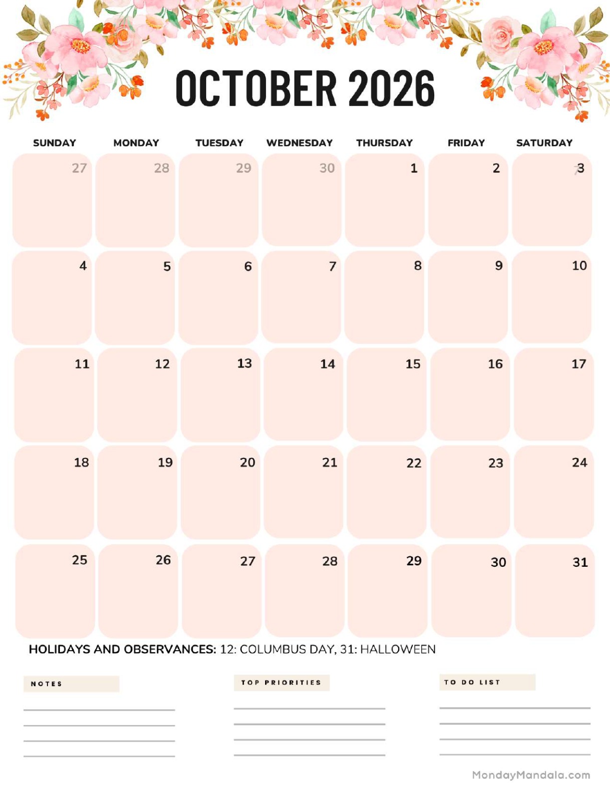 October 2026 Calendar Printable Flowers Portrait v2