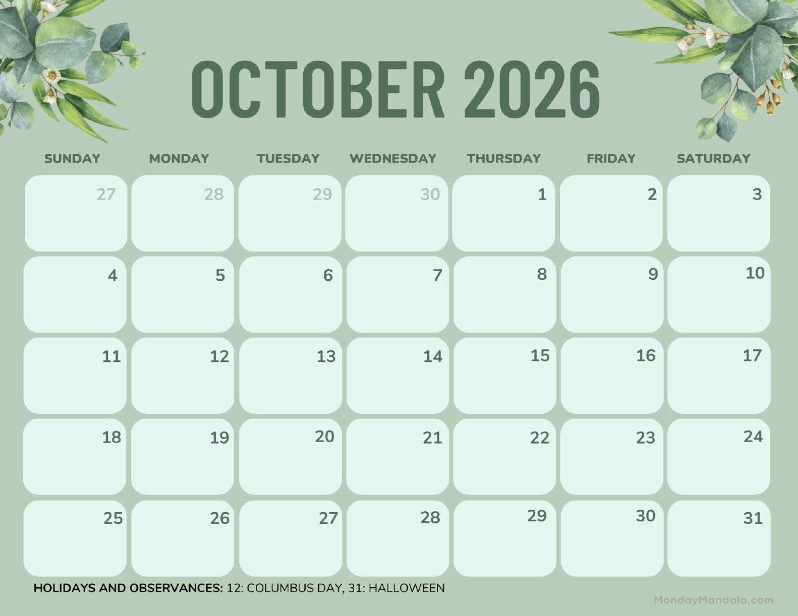 October 2026 Calendar Printable Green Landscape v2