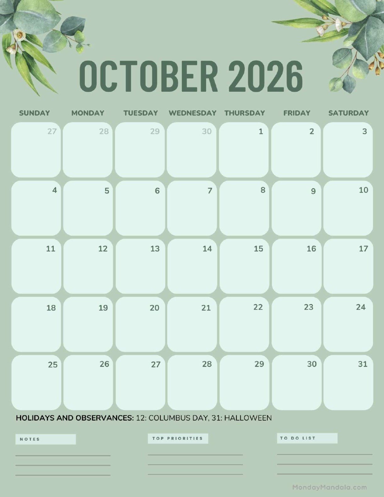 October 2026 Calendar Printable Green Portrait v2
