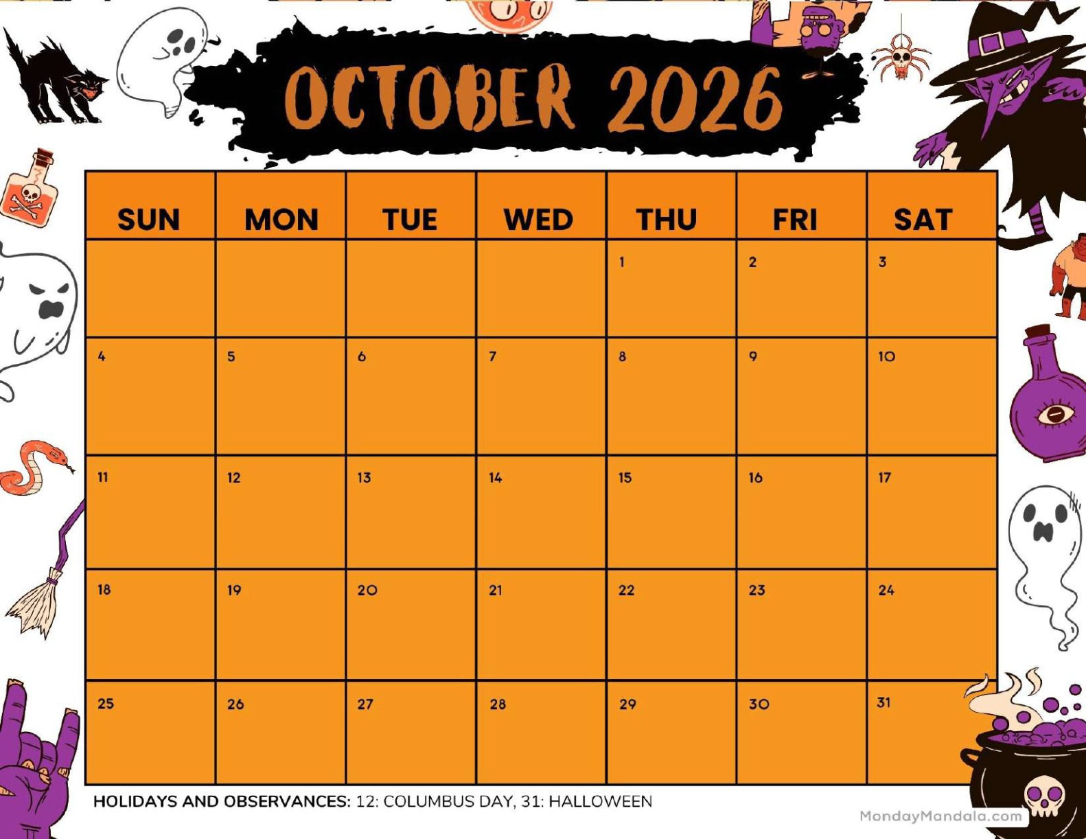 October 2026 Calendar Printable Halloween Landscape v3