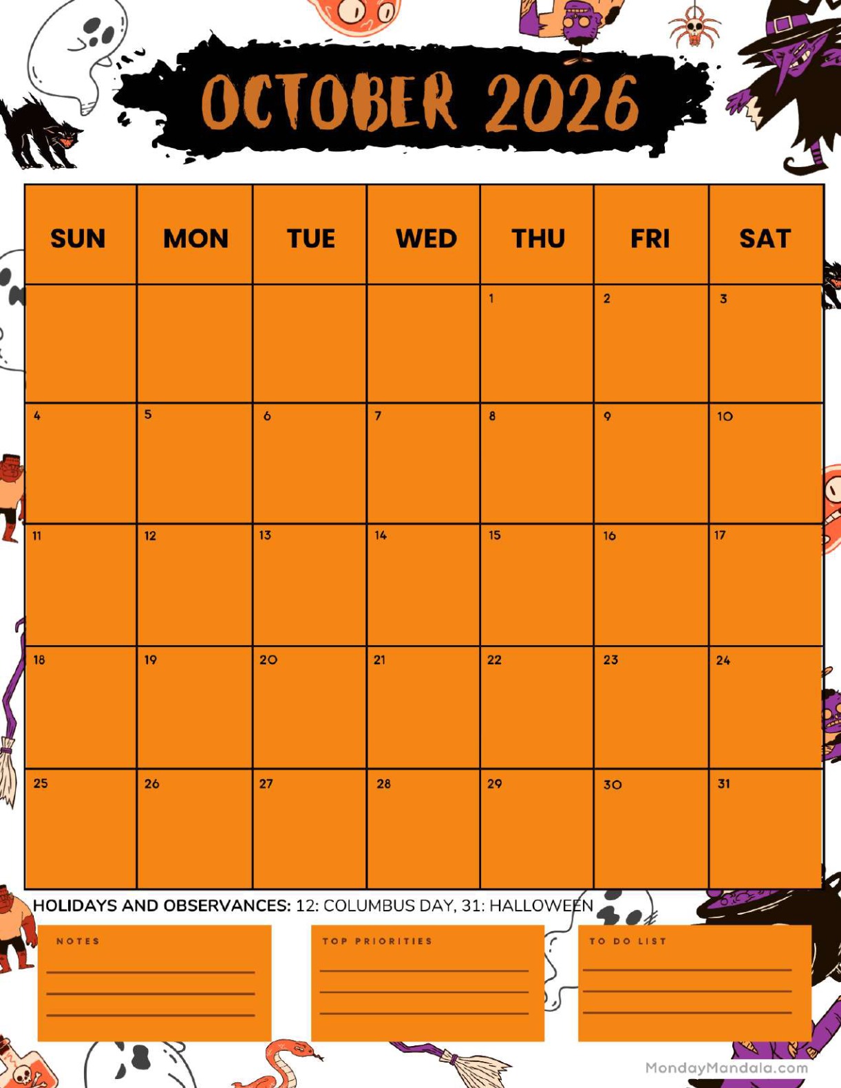 October 2026 Calendar Printable Halloween Portrait v2