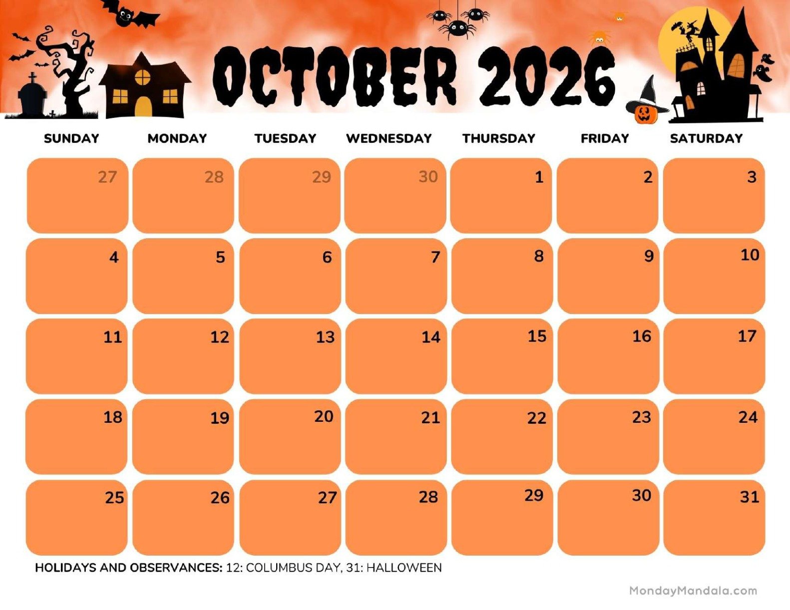 October 2026 Calendar Printable Haunted Landscape v3