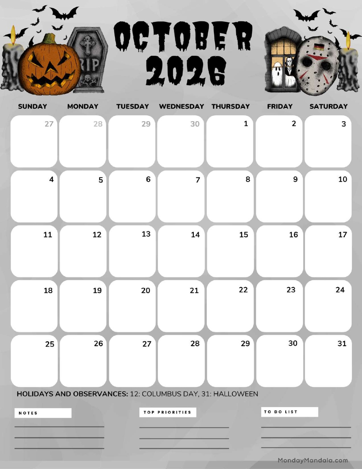 October 2026 Calendar Printable Horror Portrait v2