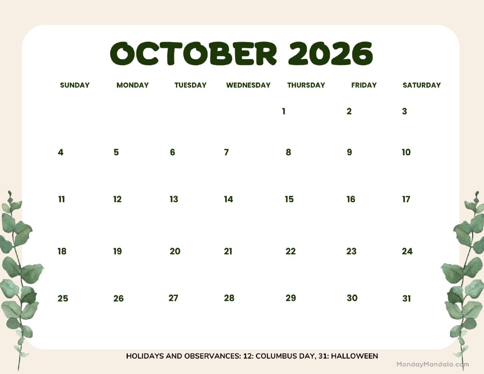 October 2026 Calendar Printable Leaves Landscape v2