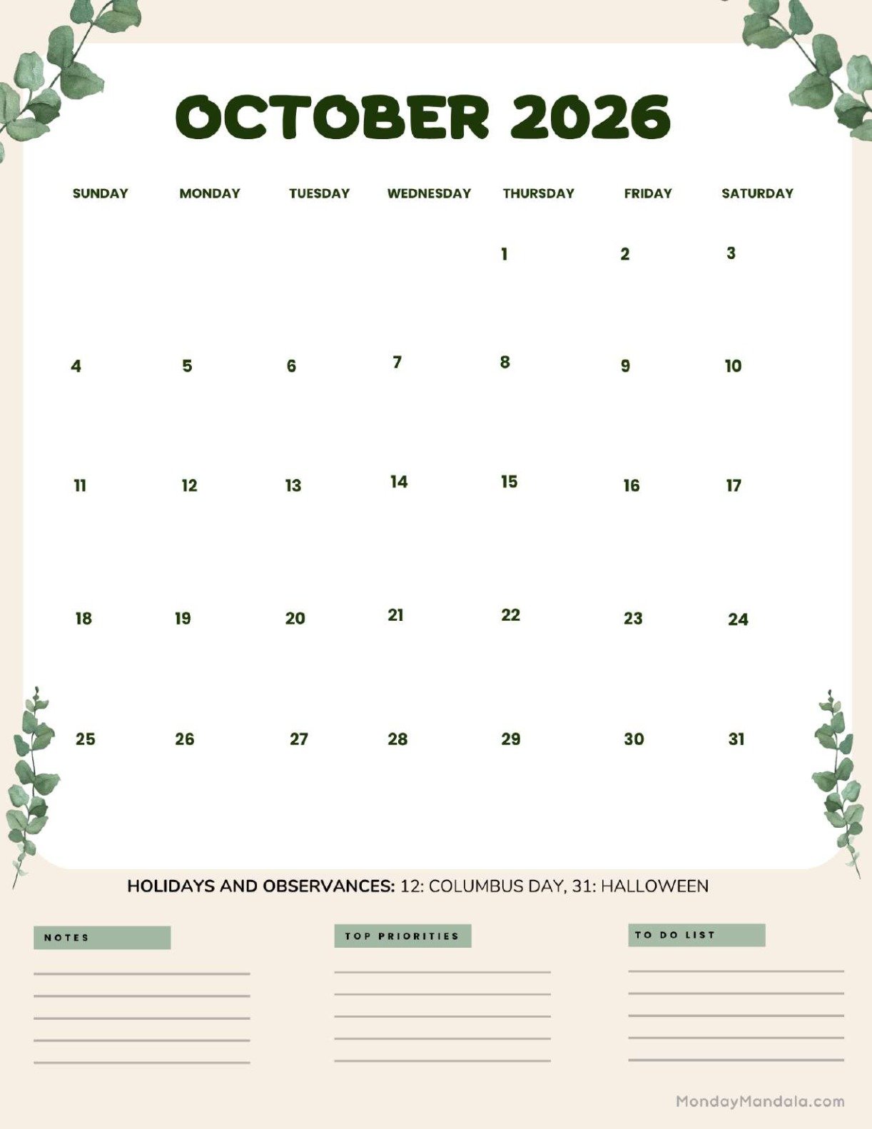 October 2026 Calendar Printable Leaves Portrait v2