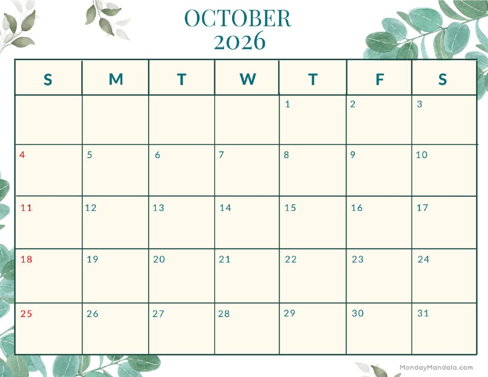 October 2026 Calendar Printable Nature Landscape v2