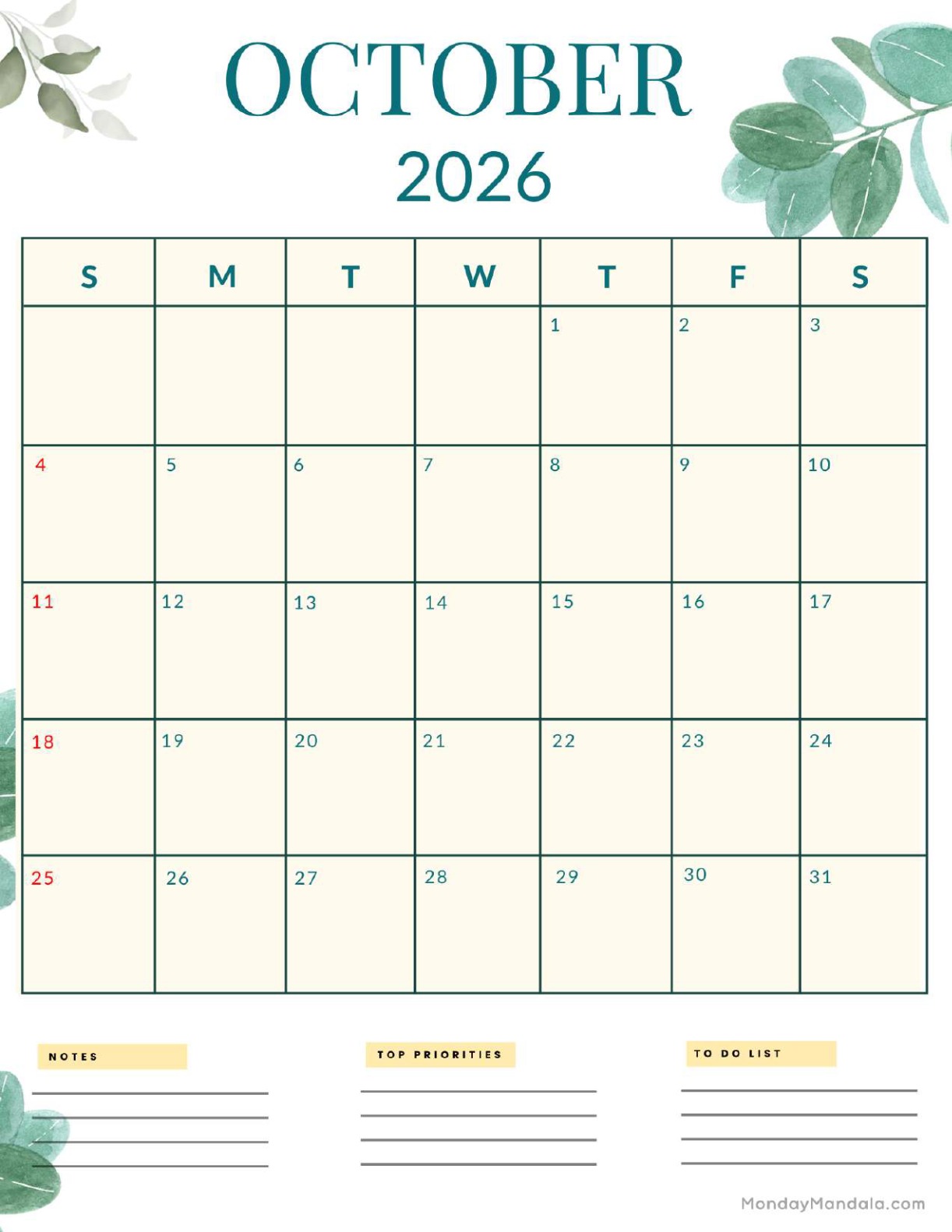 October 2026 Calendar Printable Nature Portrait v2